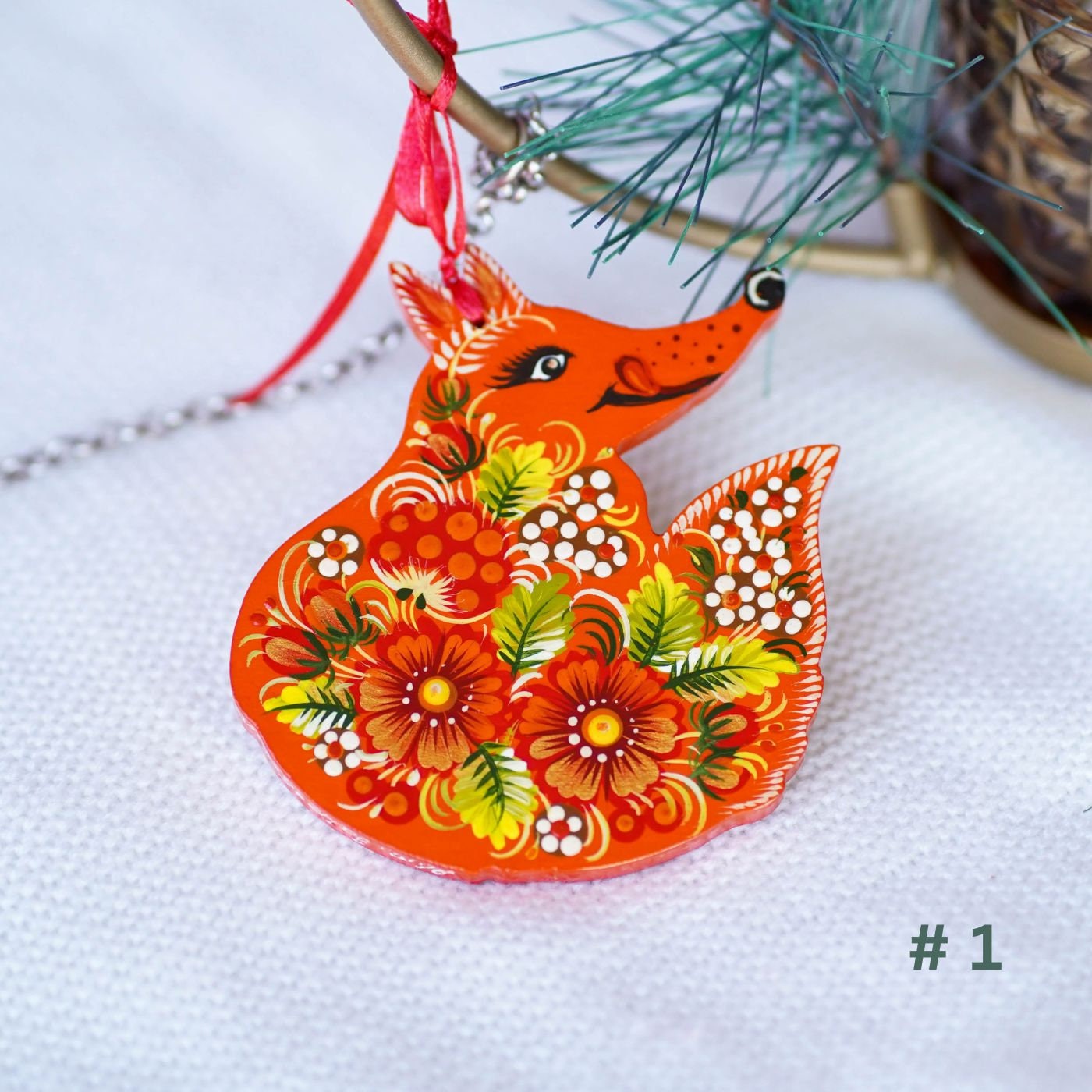 Fox ornament hand painted Christmas ornament, Handmade wooden Christmas fox, Ukrainian Petrykivka ornaments, Woodland animal ornaments