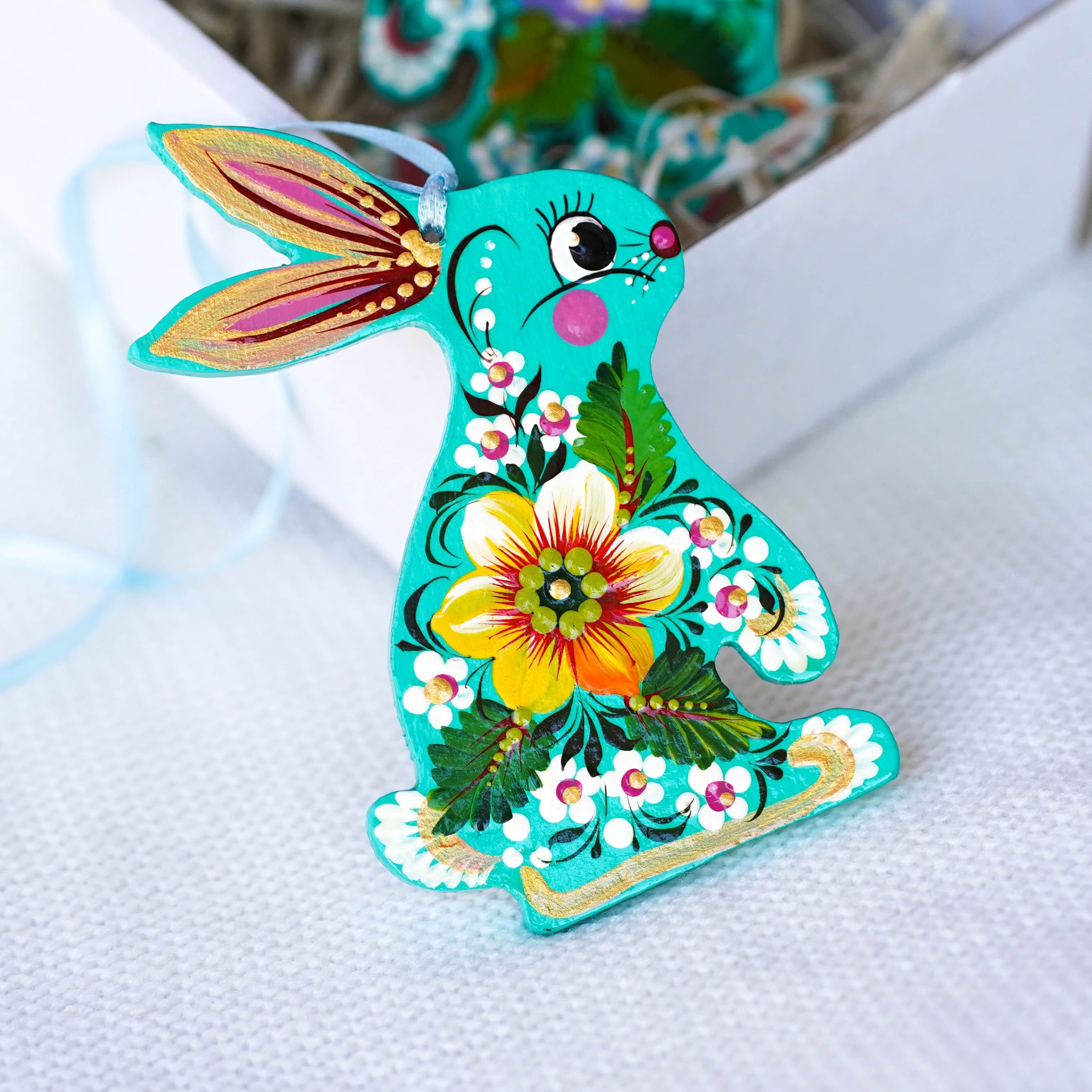 Painted Sunflower Bunny Ornament - Turquoise Wooden Ukrainian Ornament