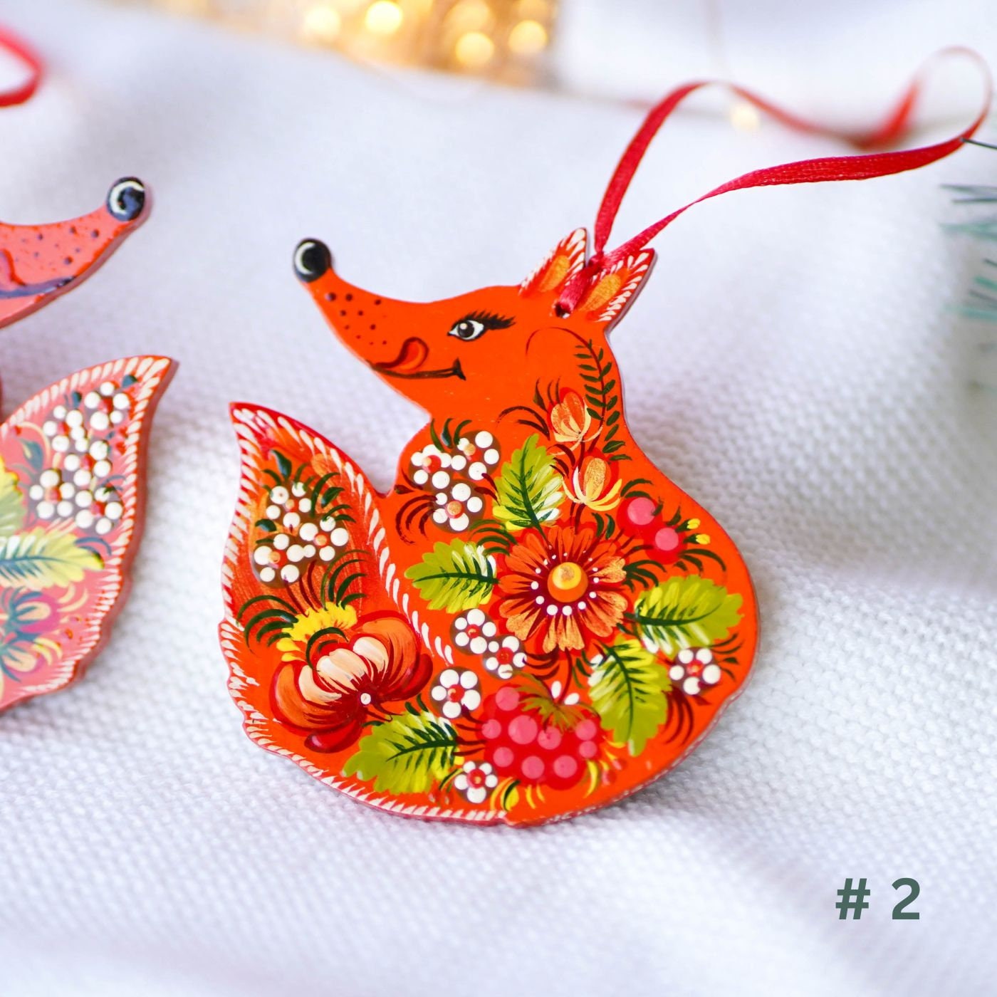 Fox ornament hand painted Christmas ornament, Handmade wooden Christmas fox, Ukrainian Petrykivka ornaments, Woodland animal ornaments