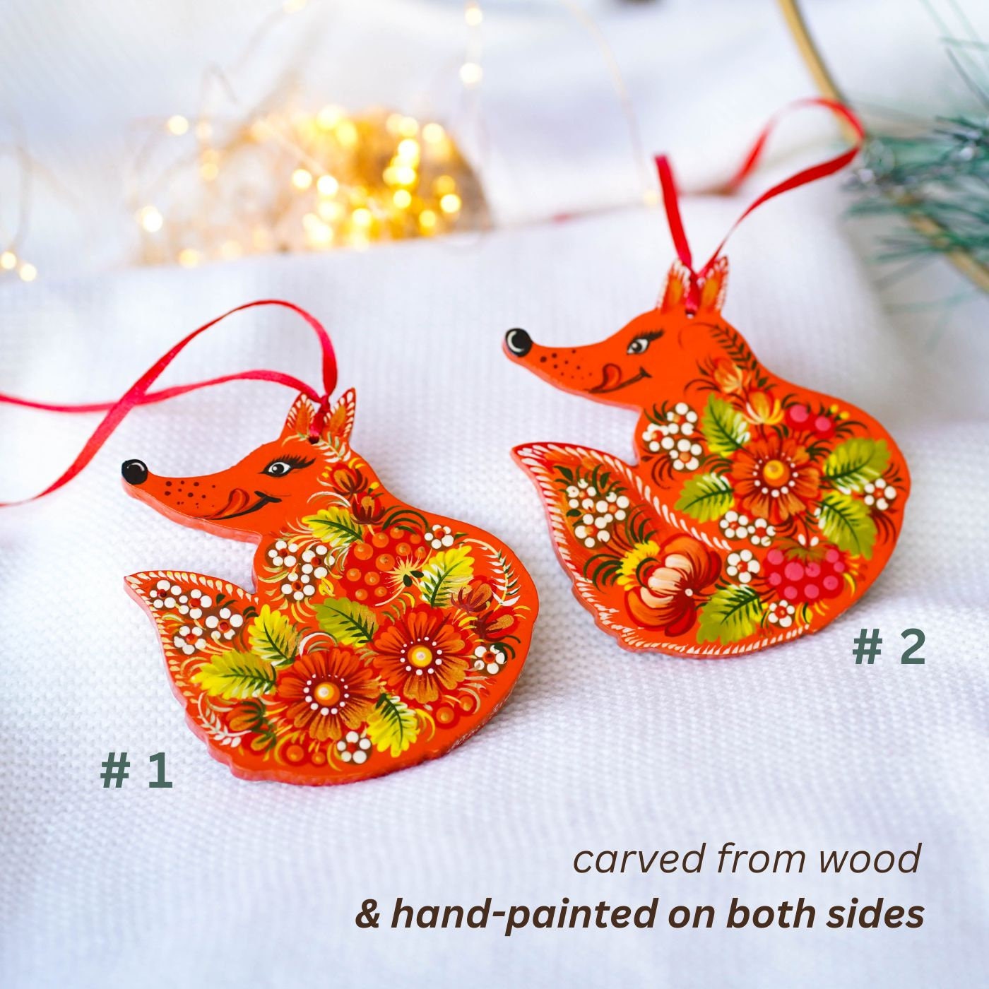 Fox ornament hand painted Christmas ornament, Handmade wooden Christmas fox, Ukrainian Petrykivka ornaments, Woodland animal ornaments