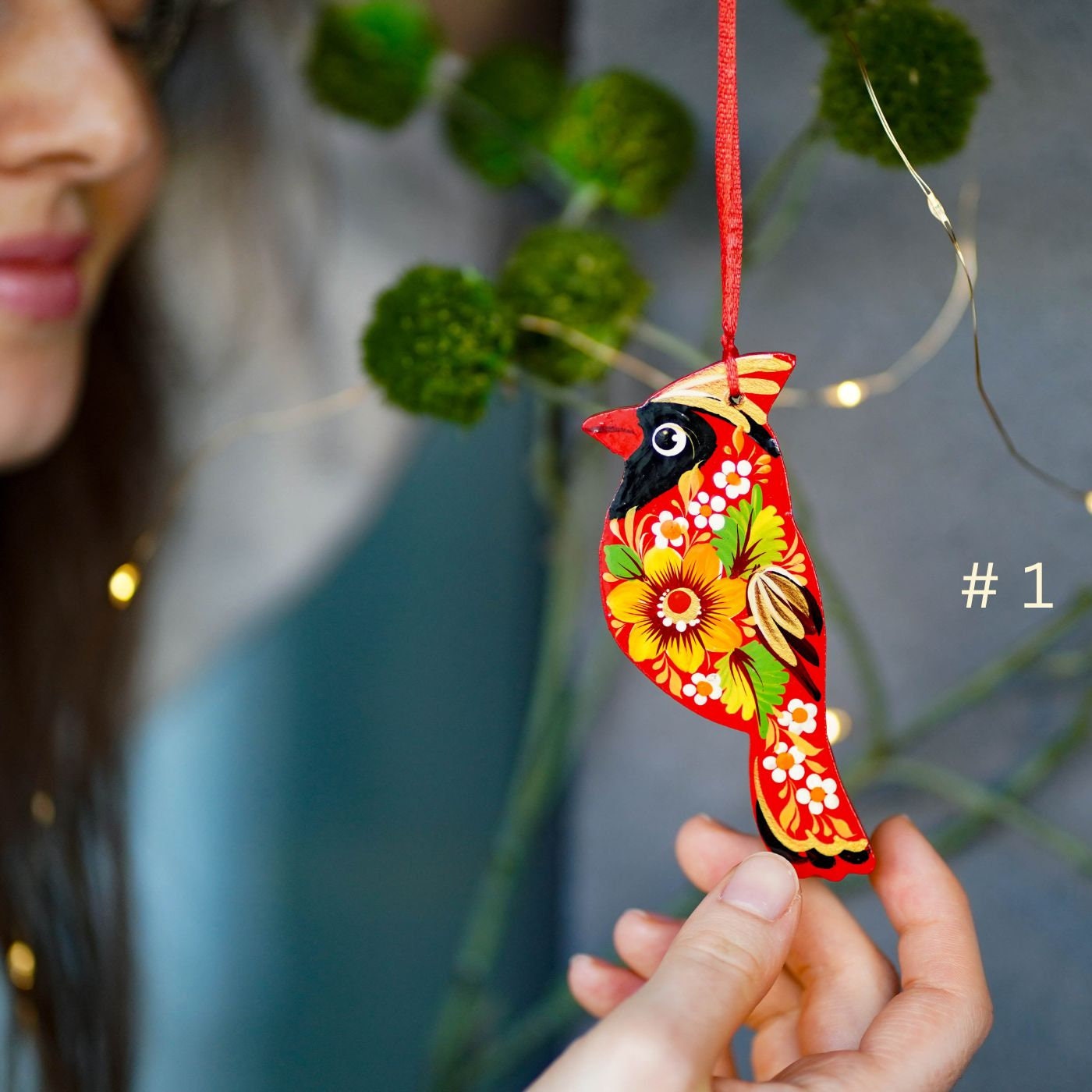 Painted Wooden Cardinal Christmas Ornament - Artisanal Red Bird Christmas Tree Decoration, Petrykivka Art