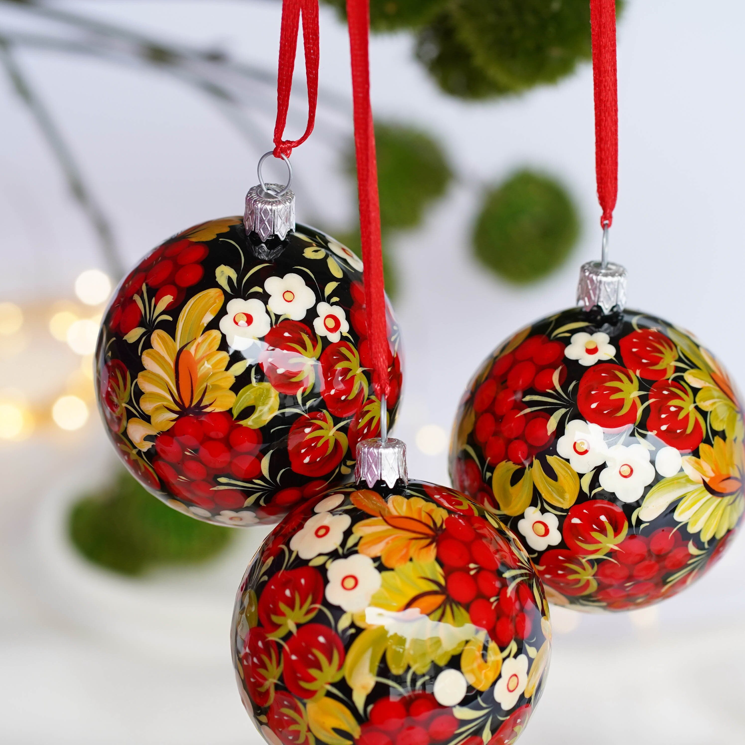 Painted Set of 4 Red Flower Ukrainian Christmas Ball Ornaments 2.4 in - Unique Handmade Christmas Tree Decorations, Petrykivka Art
