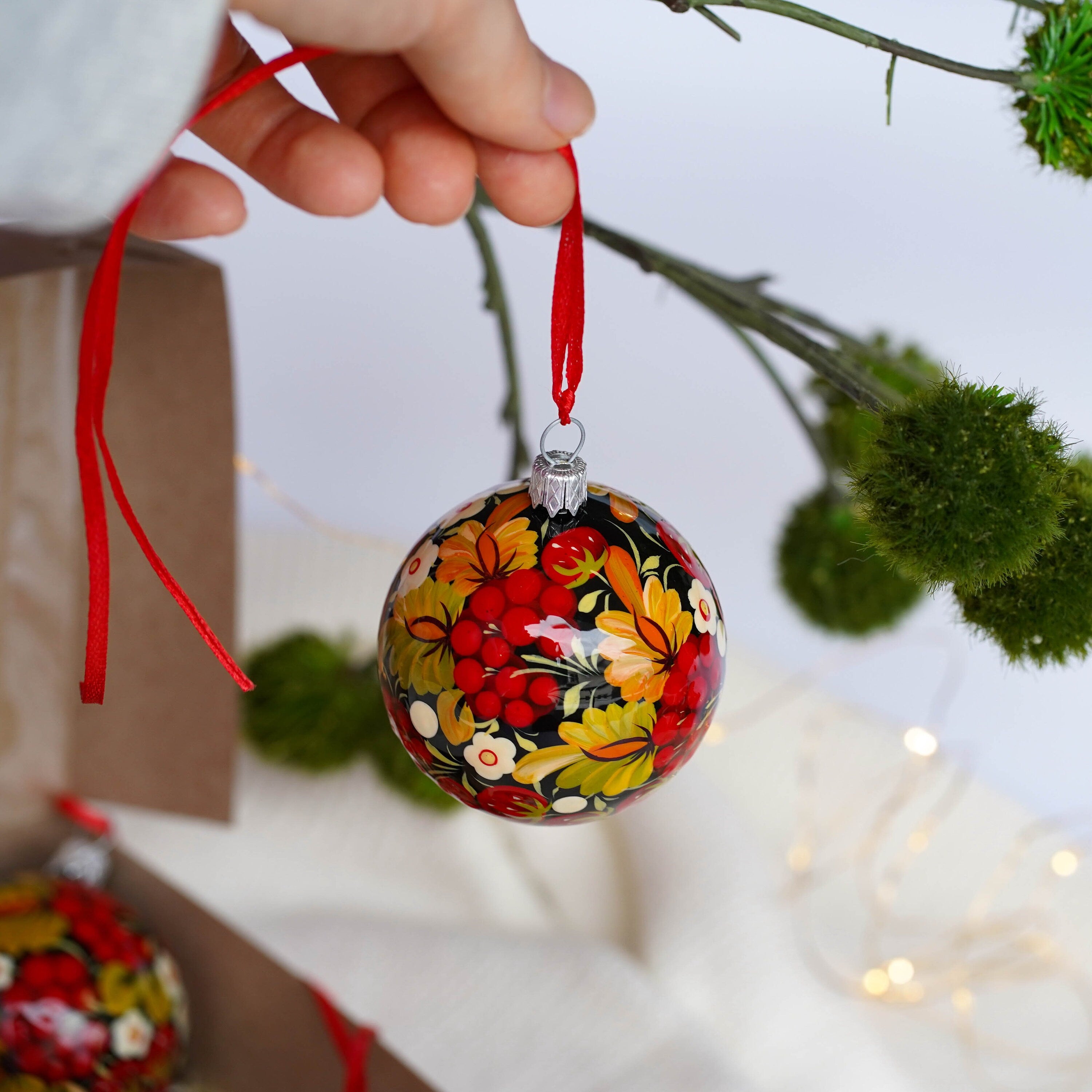 Painted Set of 4 Red Flower Ukrainian Christmas Ball Ornaments 2.4 in - Unique Handmade Christmas Tree Decorations, Petrykivka Art