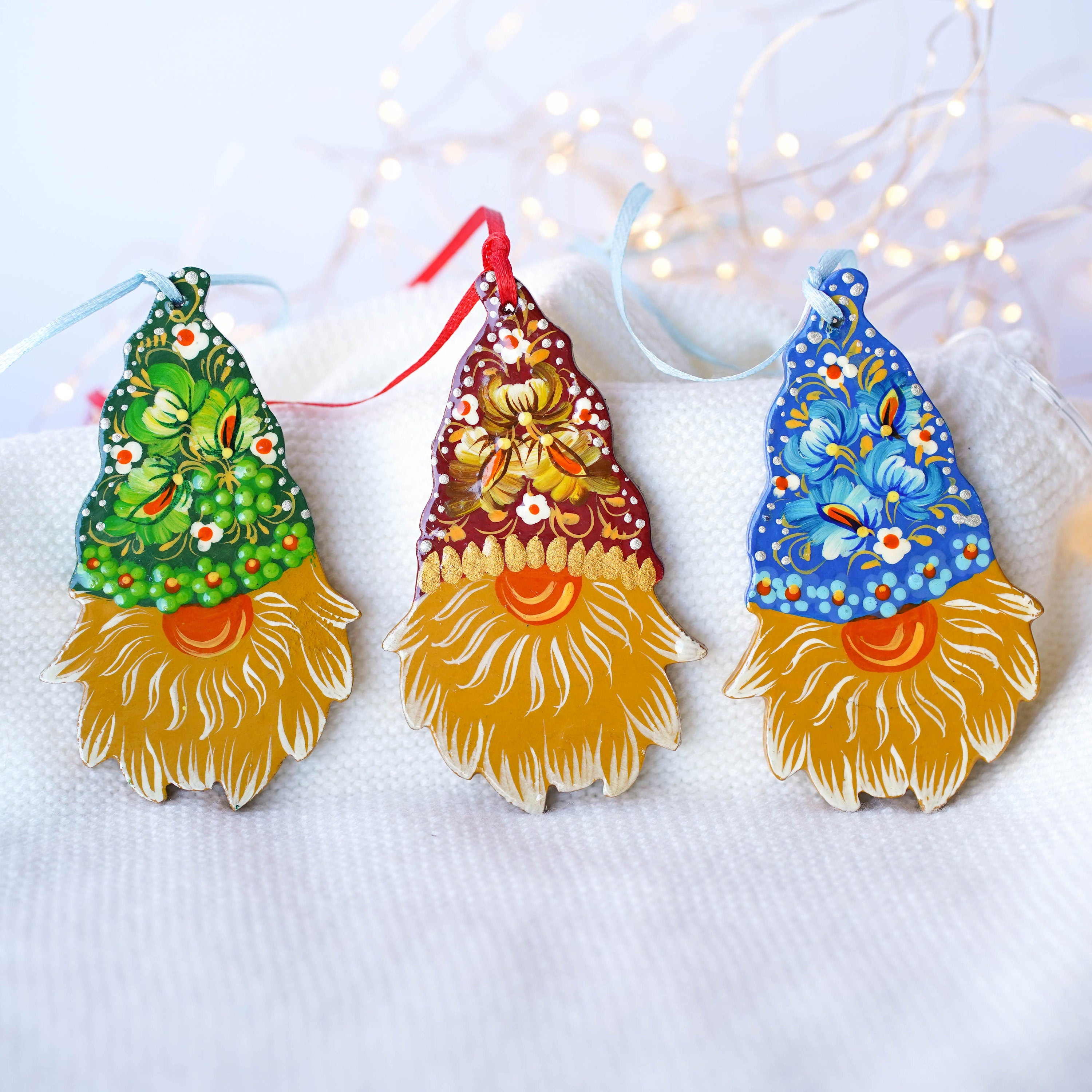 Gnome ornament set of 3 pcs - Hand painted wooden Christmas ornaments, Gift-wrapped