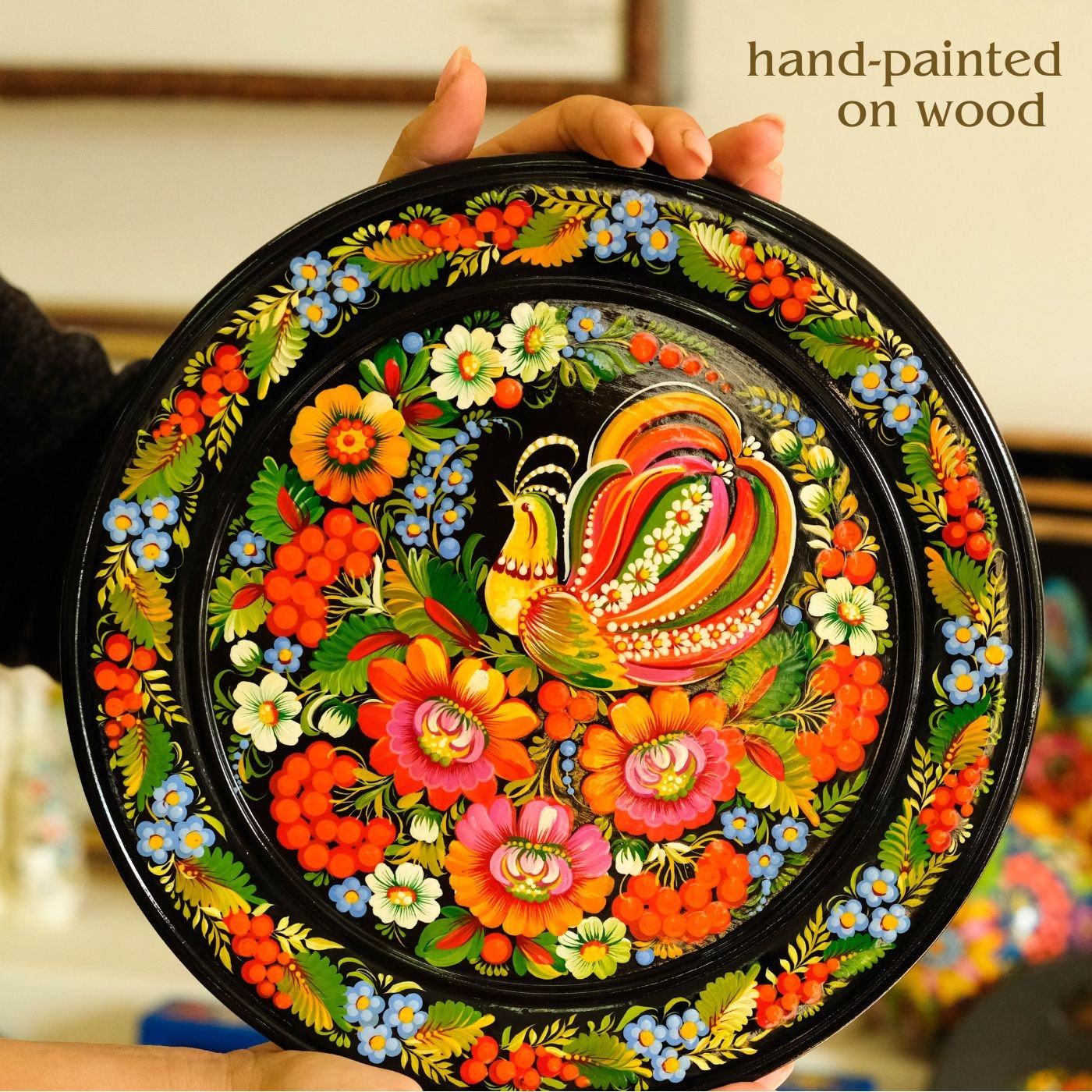 hand-painted wooden decorative plate Ukrainian Petrykivka painting
