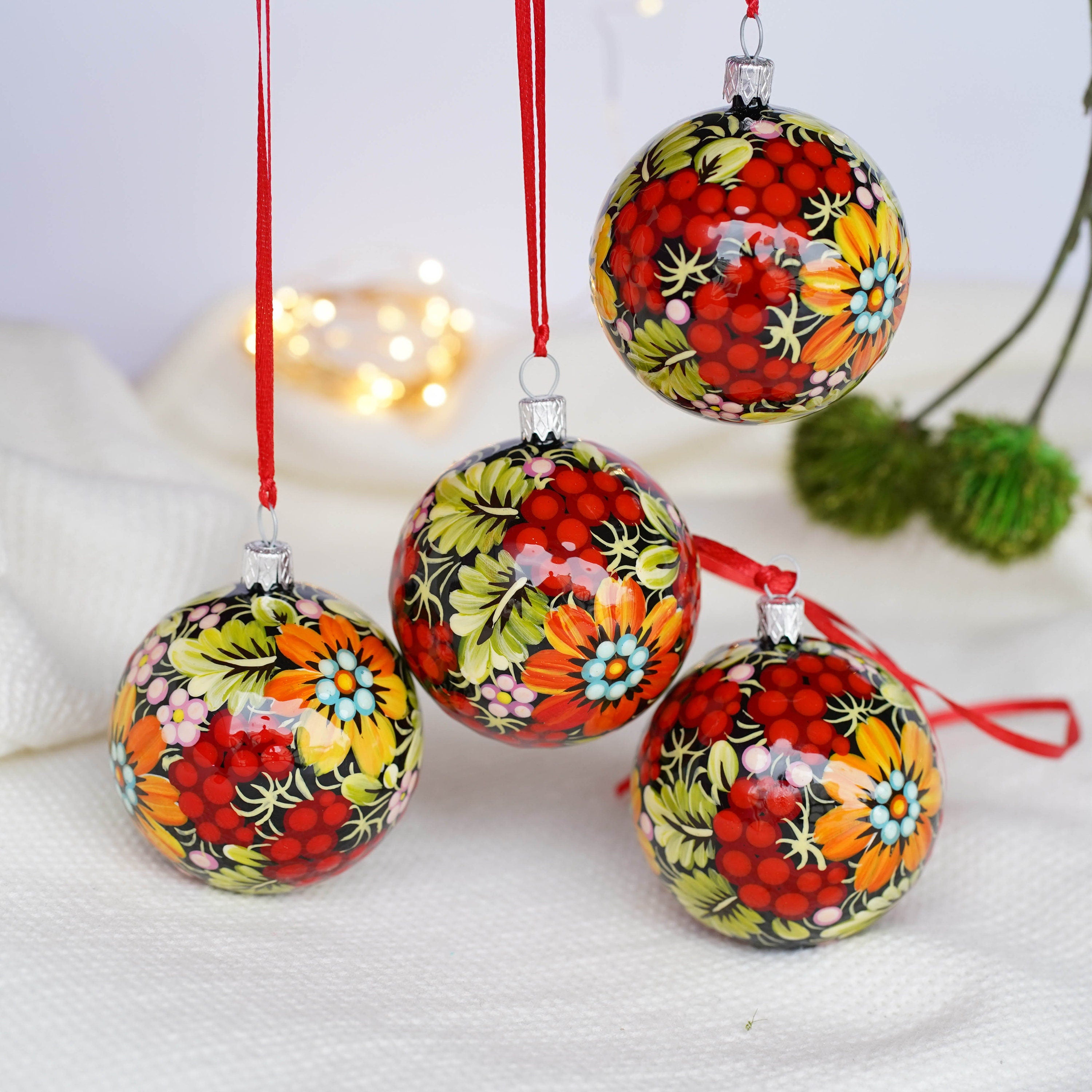 Hand-painted Set of 4 Red Flower Petrykivka Christmas Ball Ornaments 2.4 in, Gift-wrapped