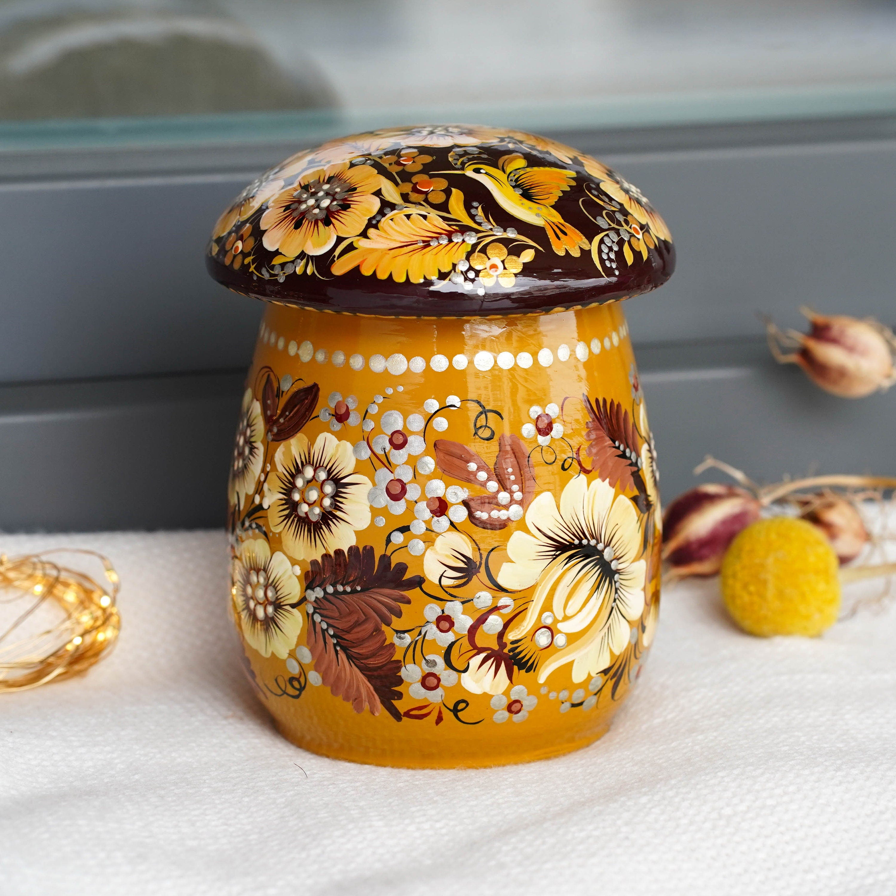 Painted Wooden Jar with Lid - Beige Flower Mushroom-shaped Hummingbird Kitchen Canister, Petrykivka Art