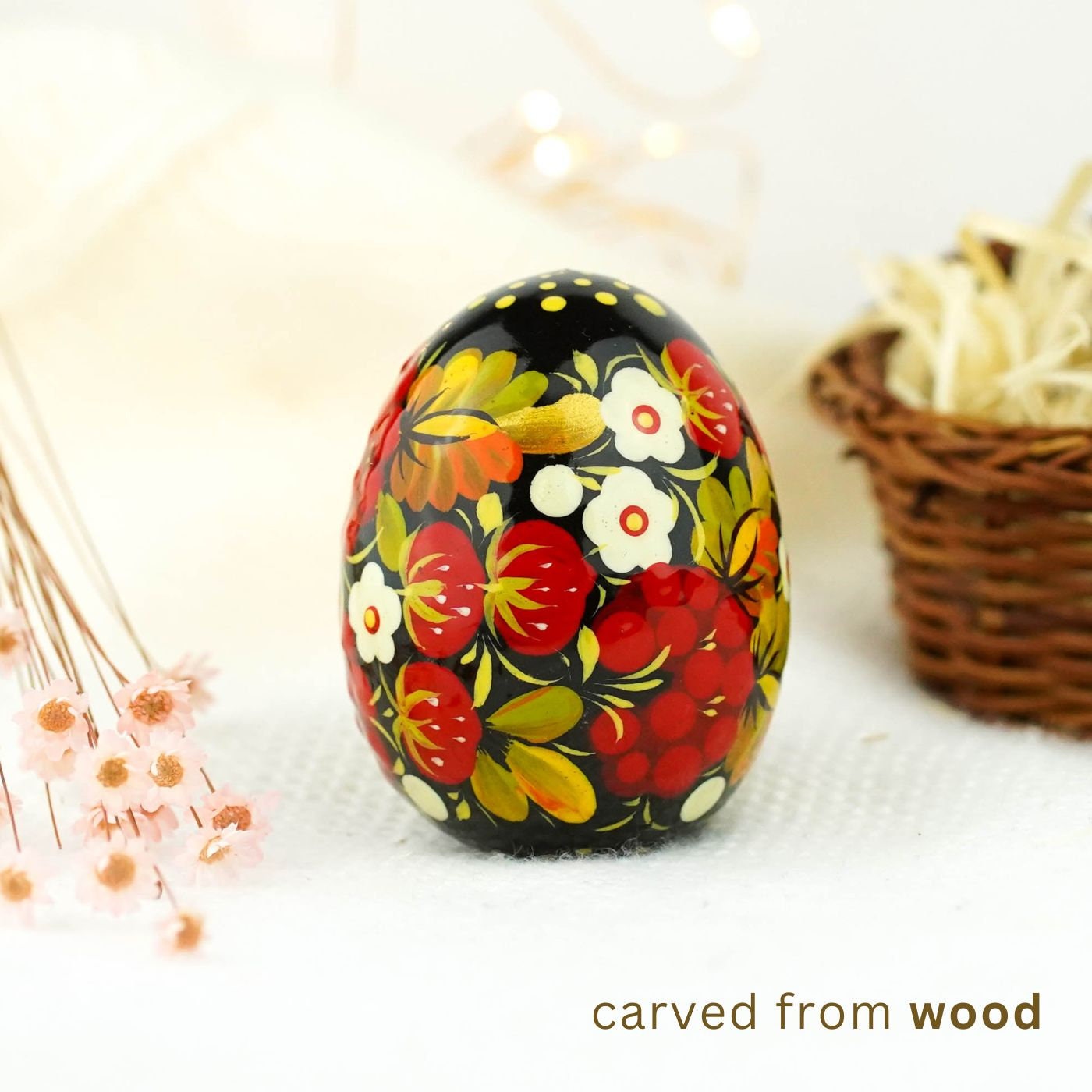 Hand-painted Wooden Strawberry Easter Egg - Ukrainian Pysanky Egg