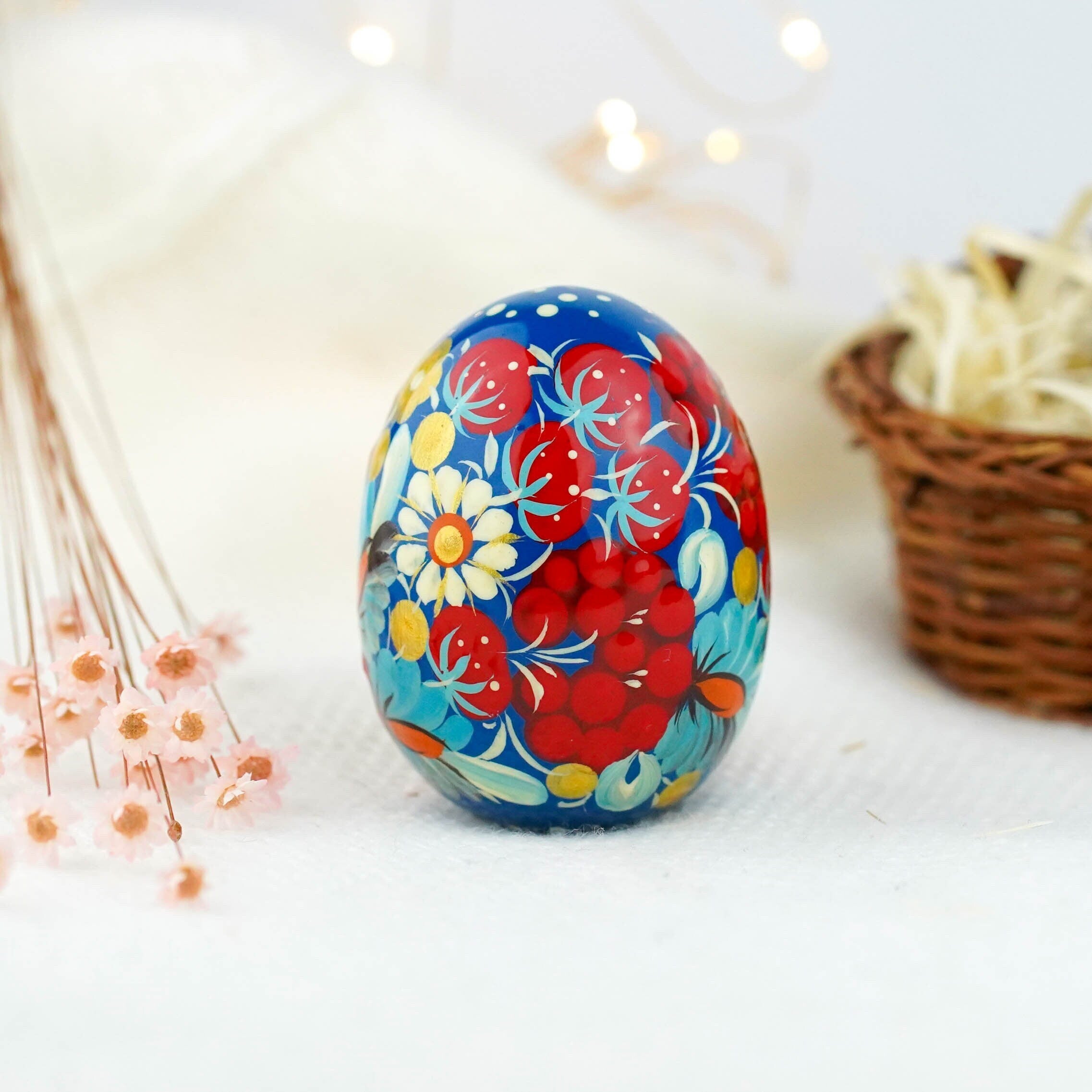 Hand-painted Wooden Strawberry Easter Egg - Petrykivka Art Egg