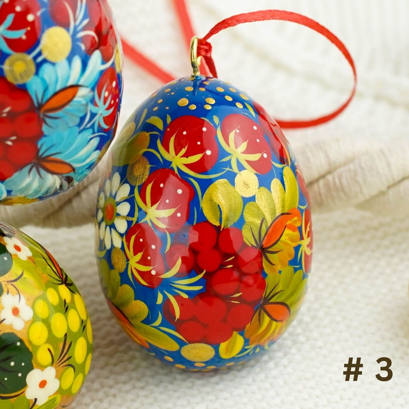 Set of 4 Painted Wooden Easter Egg Ornaments - Hanging Ukrainian Pysanky Eggs