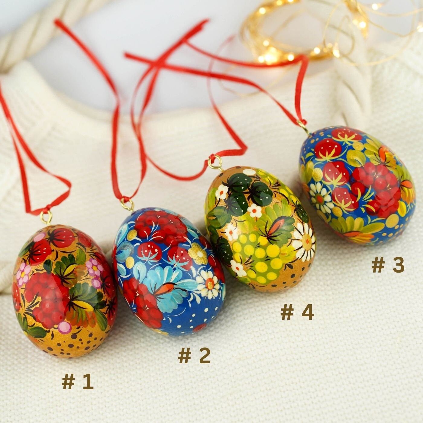 Set of 4 Painted Wooden Easter Egg Ornaments - Hanging Ukrainian Pysanky Eggs