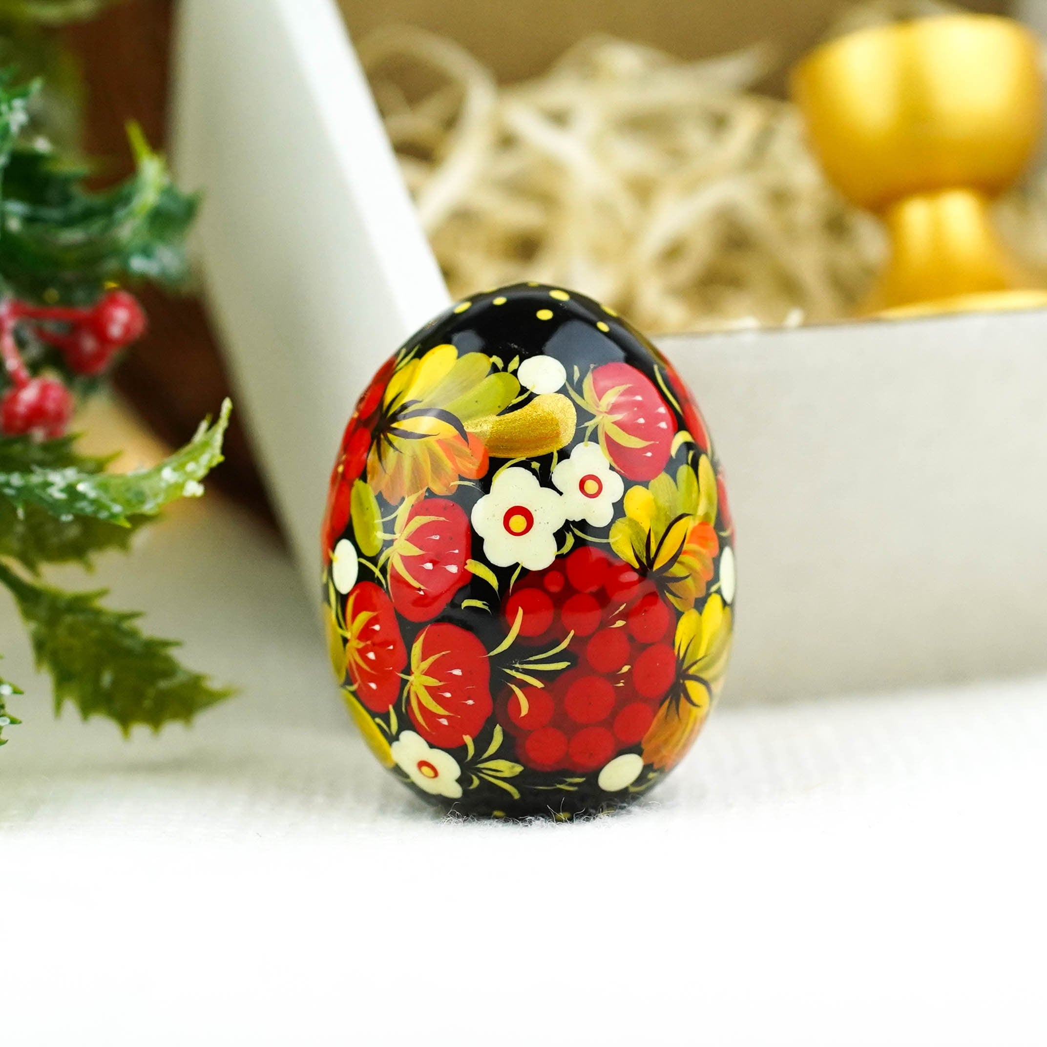Hand-painted Wooden Strawberry Easter Egg - Ukrainian Pysanky Egg