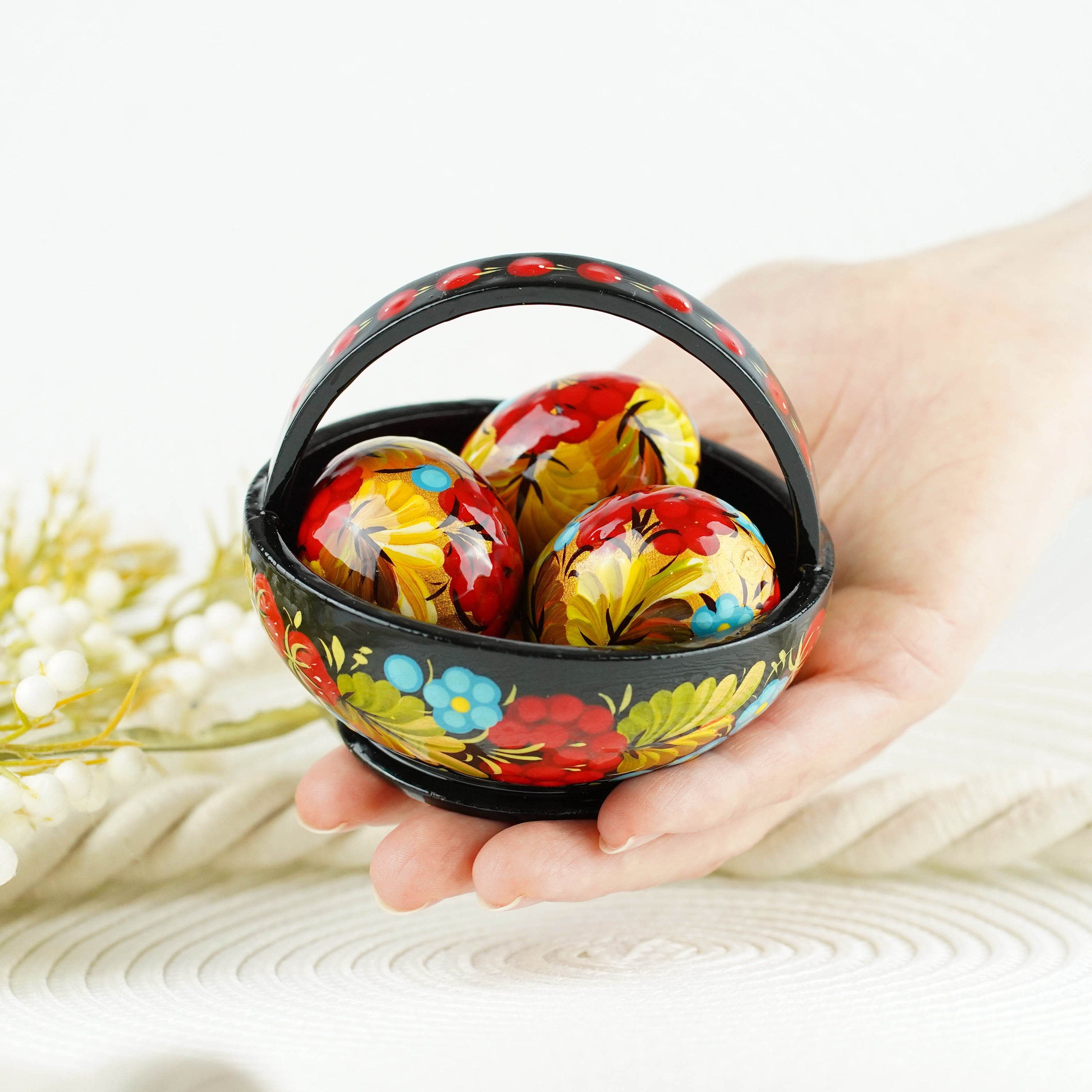 Small filled Easter basket, Hand-painted wooden Easter egg ornaments, Handmade Mini Easter eggs in the basket, Easter tiered tray decoration