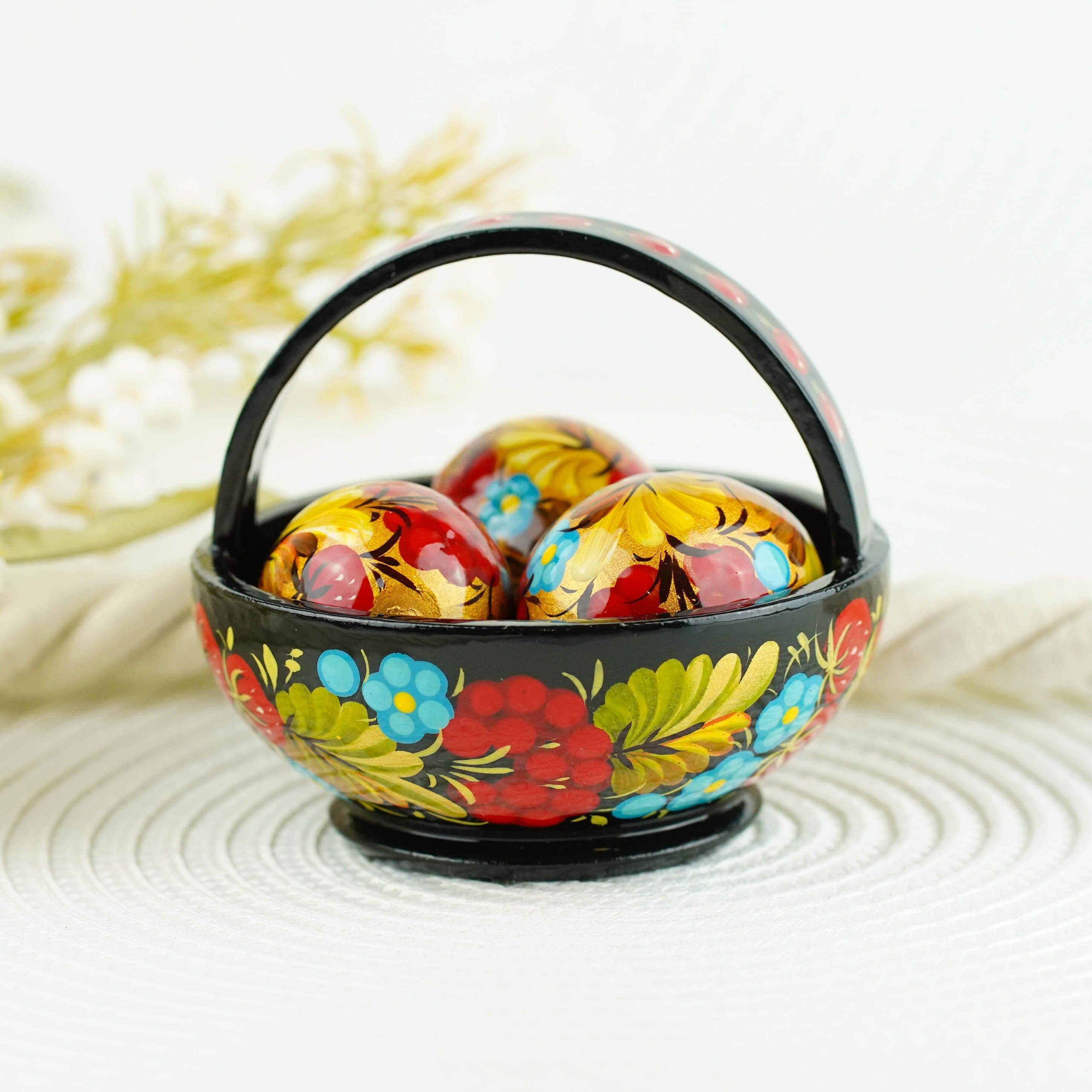 Small filled Easter basket, Hand-painted wooden Easter egg ornaments, Handmade Mini Easter eggs in the basket, Easter tiered tray decoration