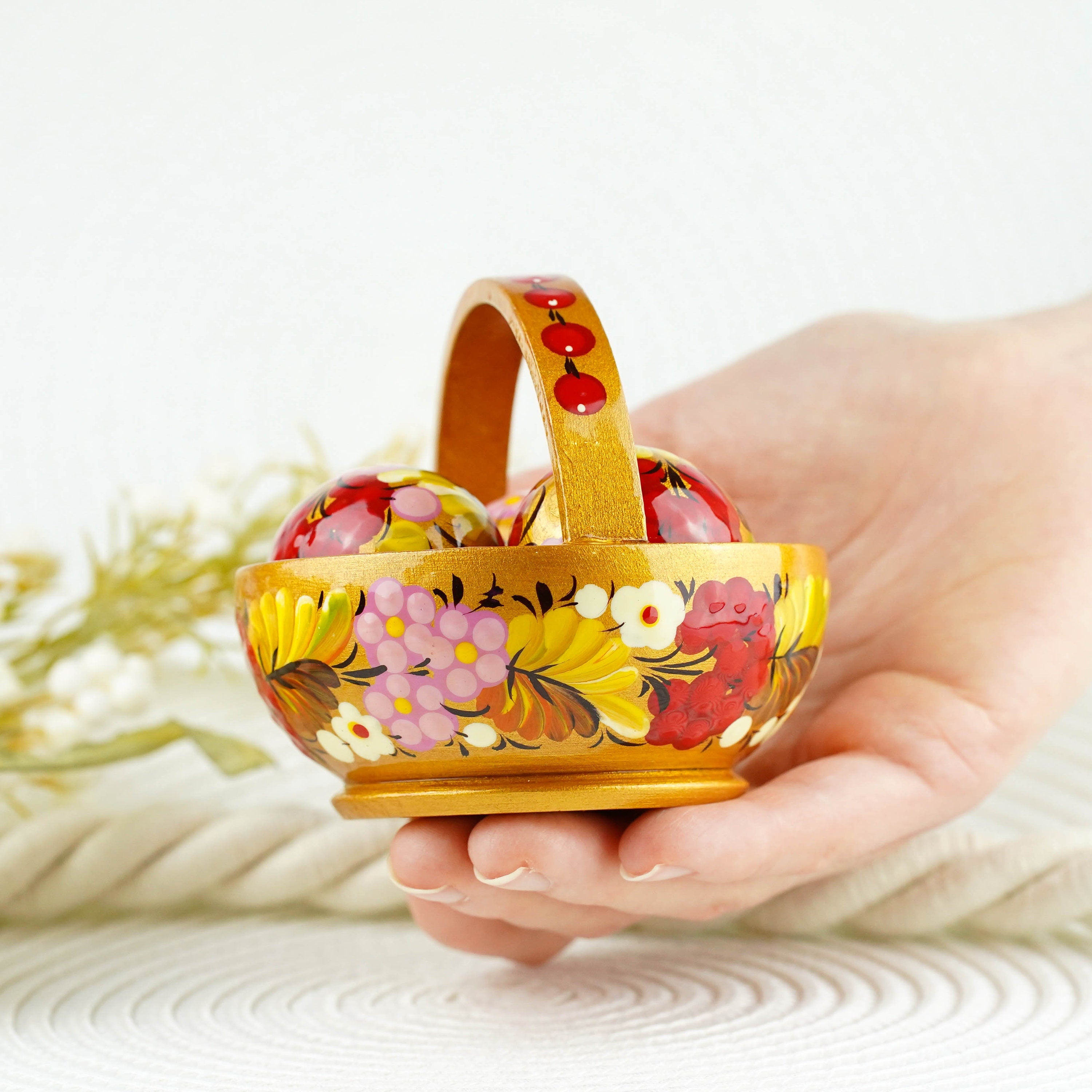 Wooden Easter basket with eggs, Painted small Petrykivka eggs, Pink & gold flower Easter eggs in the basket, Easter tiered tray decoration