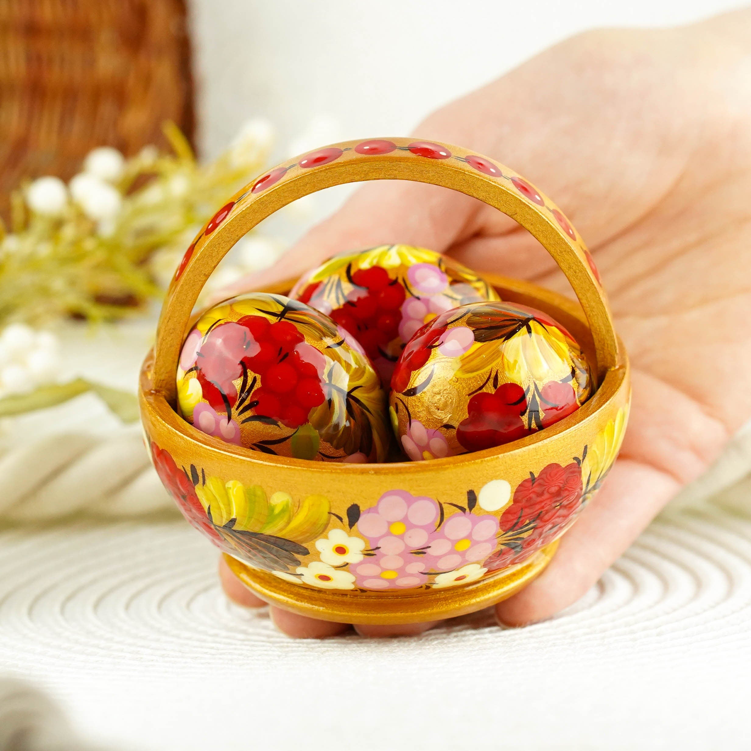 Wooden Easter basket with eggs, Painted small Petrykivka eggs, Pink & gold flower Easter eggs in the basket, Easter tiered tray decoration