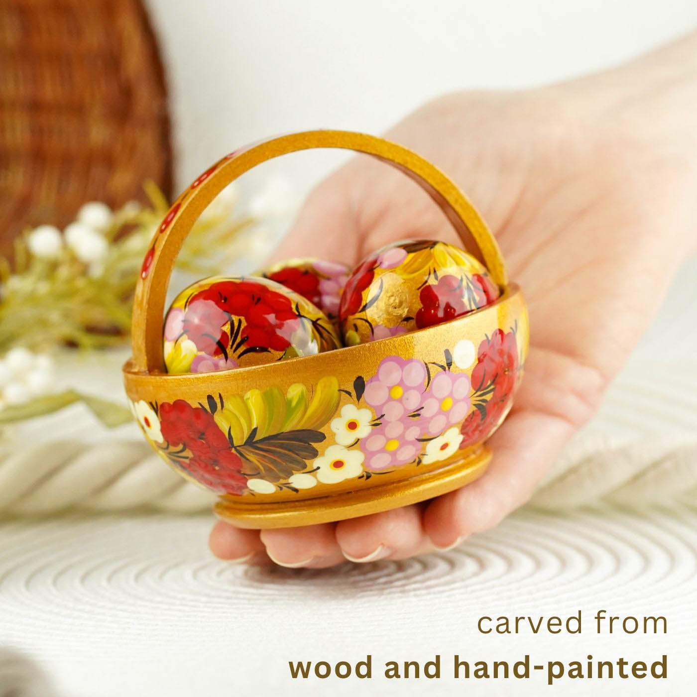 Wooden Easter basket with eggs, Painted small Petrykivka eggs, Pink & gold flower Easter eggs in the basket, Easter tiered tray decoration