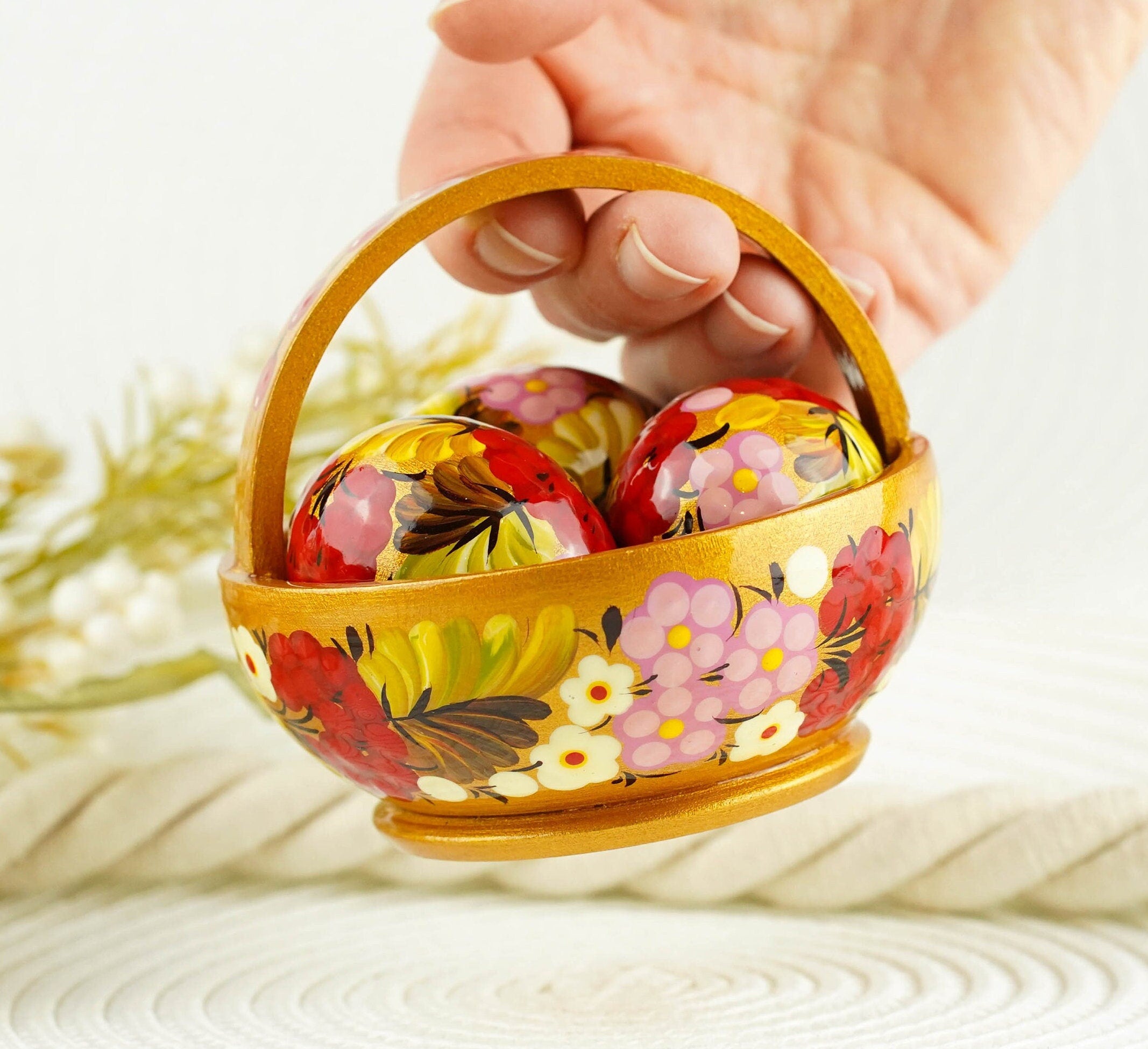 Wooden Easter basket with eggs, Painted small Petrykivka eggs, Pink & gold flower Easter eggs in the basket, Easter tiered tray decoration