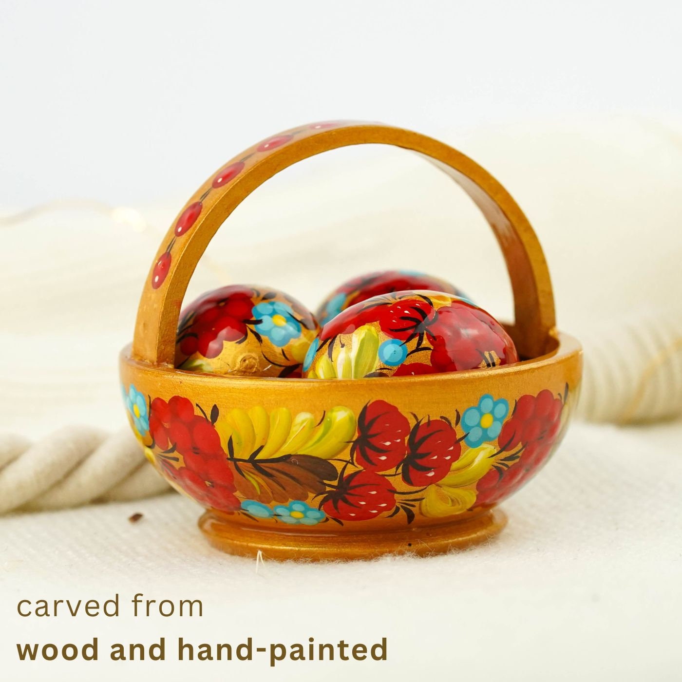 Wooden Easter basket with mini eggs, Painted small Petrykivka eggs, Red & gold flower Easter eggs in the basket, Cute Easter decor for home