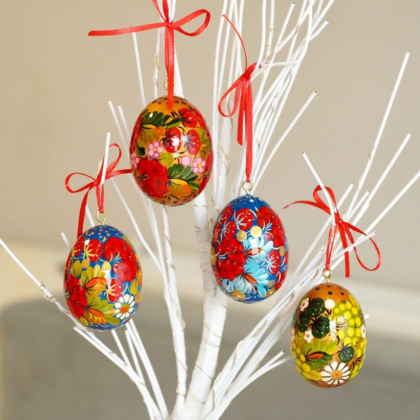 Set of 4 Painted Wooden Easter Egg Ornaments - Hanging Ukrainian Pysanky Eggs