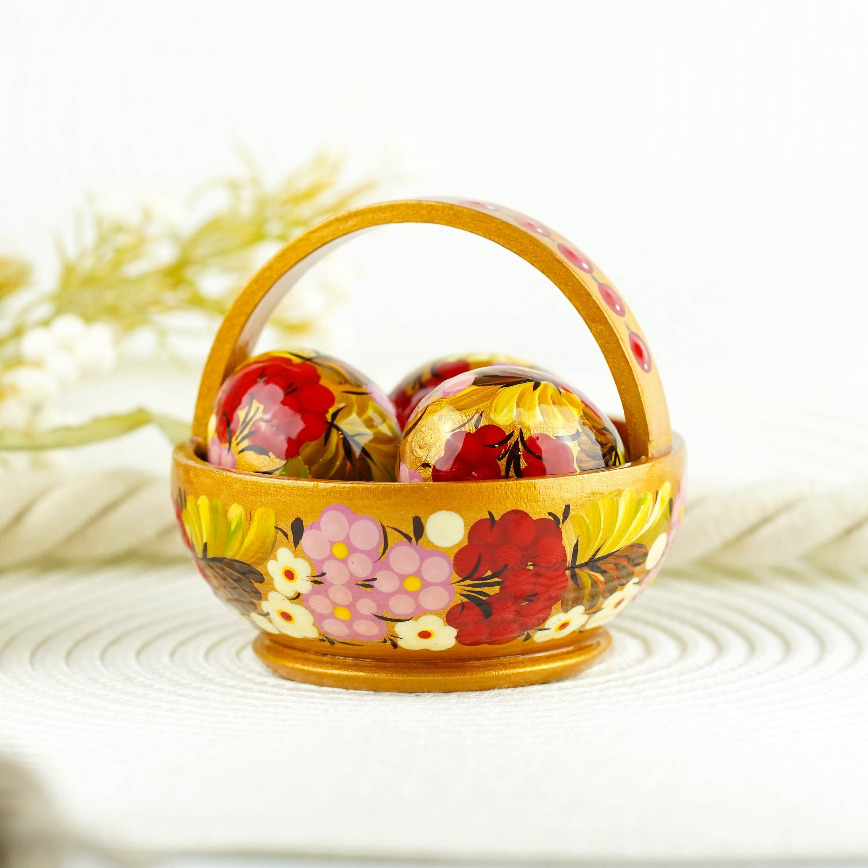 Wooden Easter basket with eggs, Painted small Petrykivka eggs, Pink & gold flower Easter eggs in the basket, Easter tiered tray decoration