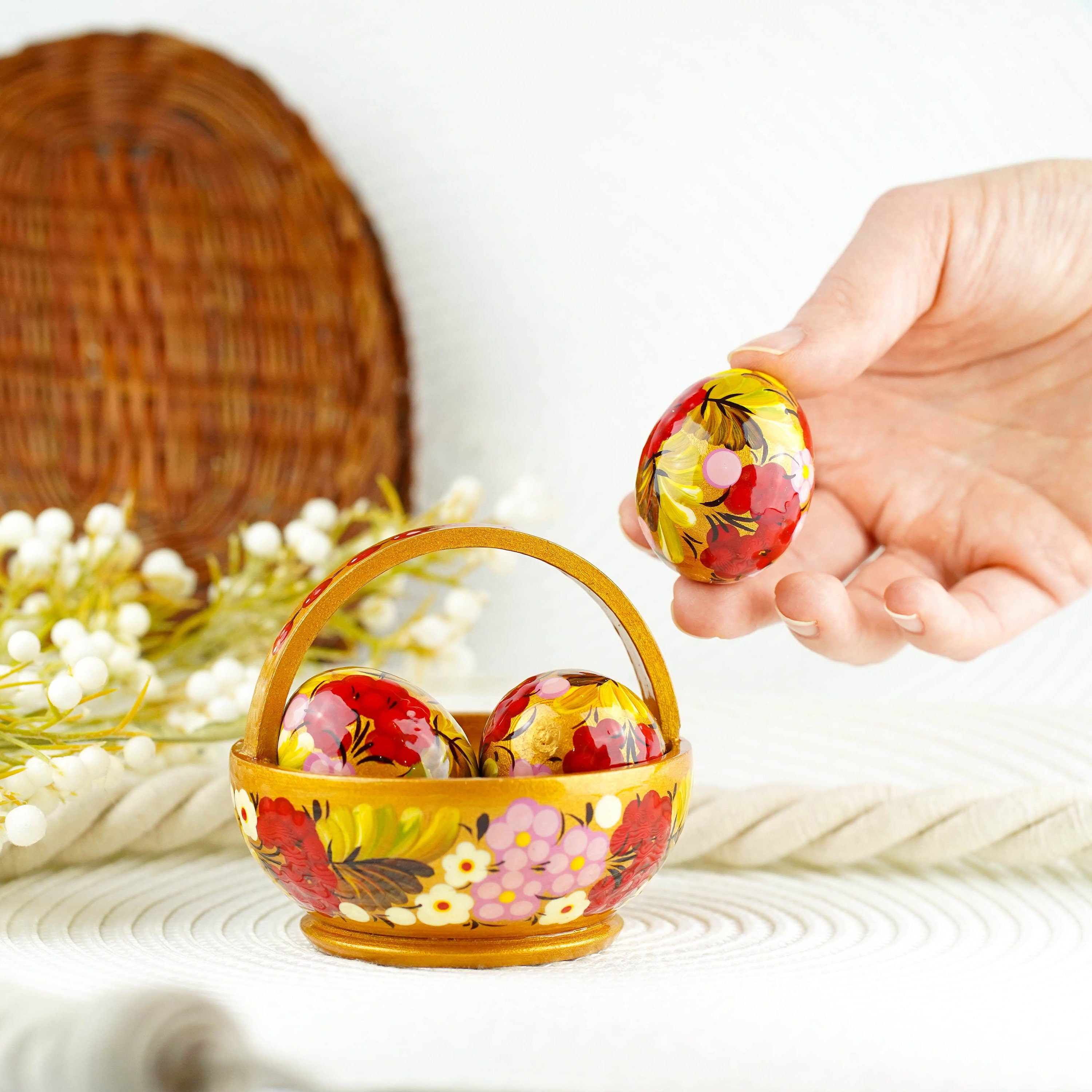 Wooden Easter basket with eggs, Painted small Petrykivka eggs, Pink & gold flower Easter eggs in the basket, Easter tiered tray decoration