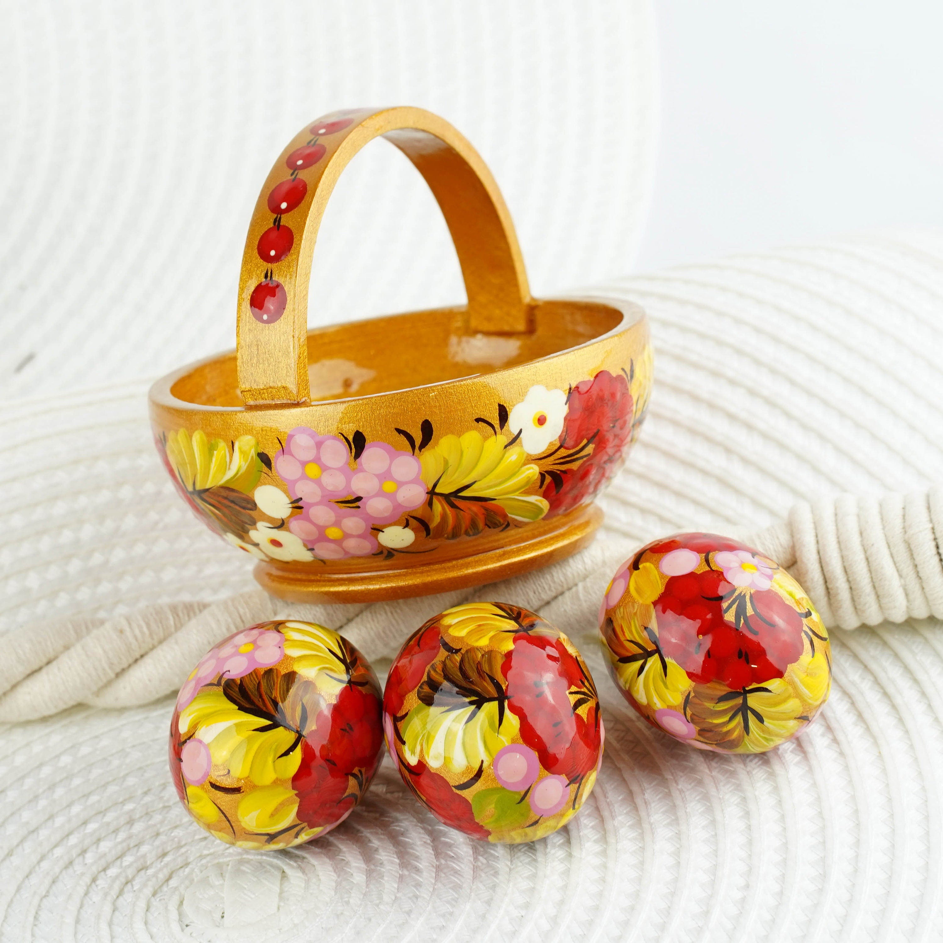 Wooden Easter basket with eggs, Painted small Petrykivka eggs, Pink & gold flower Easter eggs in the basket, Easter tiered tray decoration