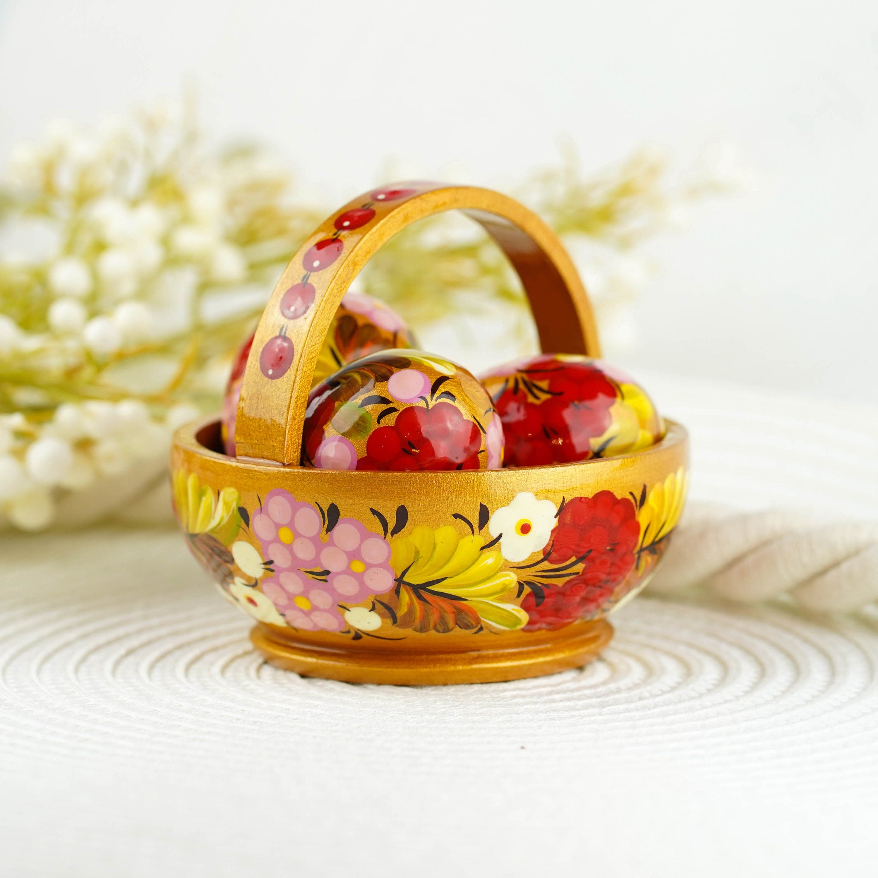 Wooden Easter basket with eggs, Painted small Petrykivka eggs, Pink & gold flower Easter eggs in the basket, Easter tiered tray decoration