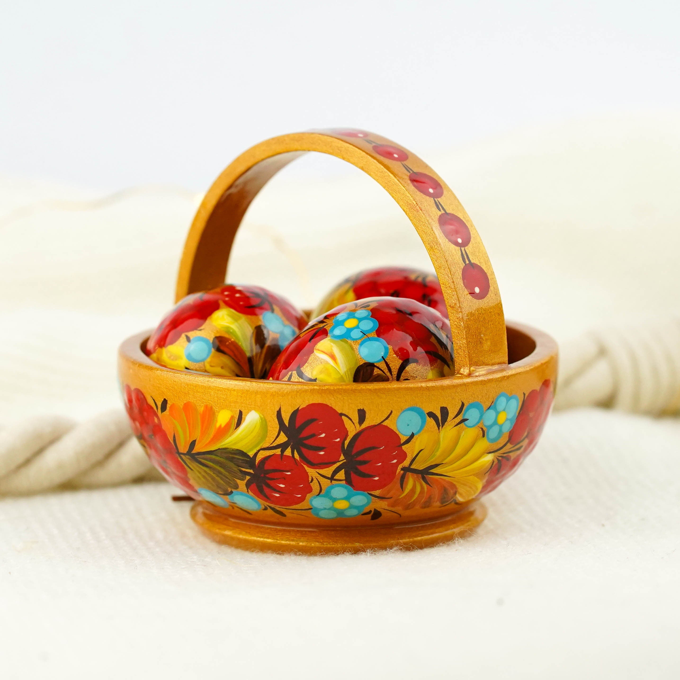 Wooden Easter basket with mini eggs, Painted small Petrykivka eggs, Red & gold flower Easter eggs in the basket, Cute Easter decor for home