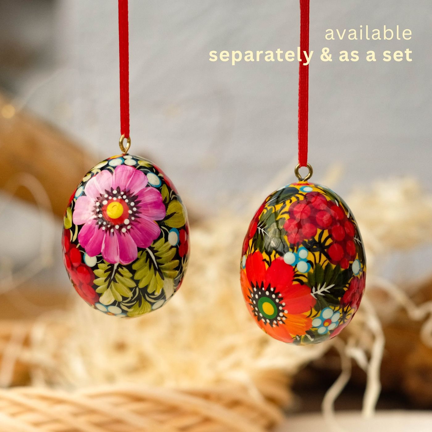 Painted wooden Easter egg hanging, Ukranian pysanky Easter egg hanging ornament, Handmade Petrykivka Easter eggs