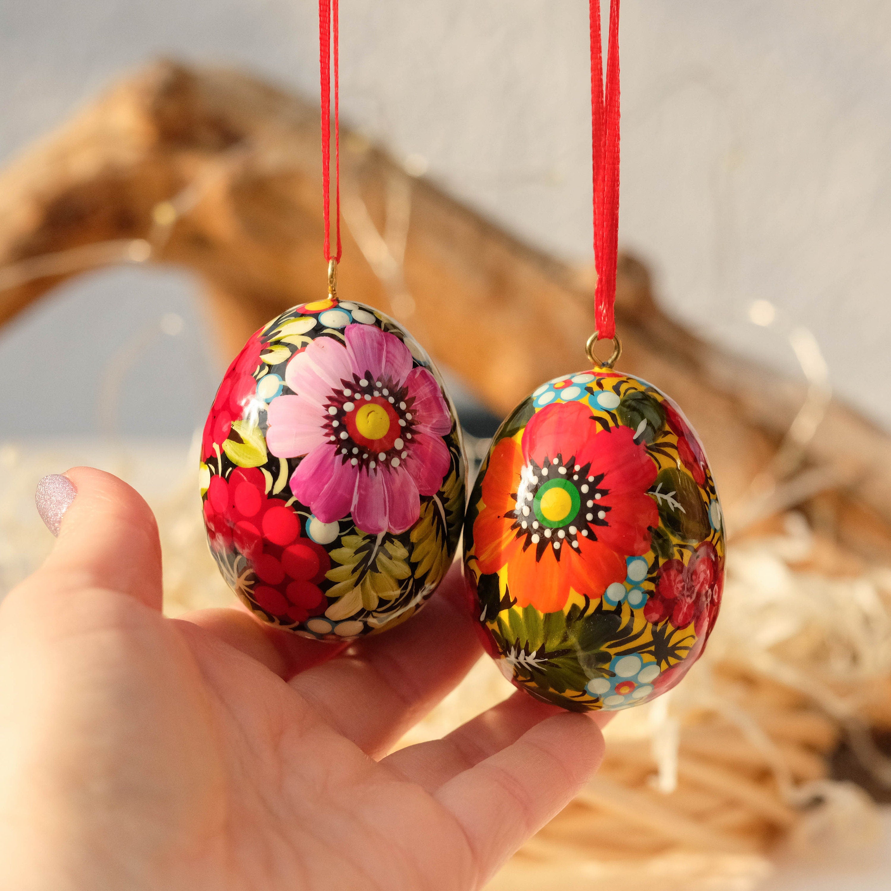 Painted wooden Easter egg hanging, Ukranian pysanky Easter egg hanging ornament, Handmade Petrykivka Easter eggs