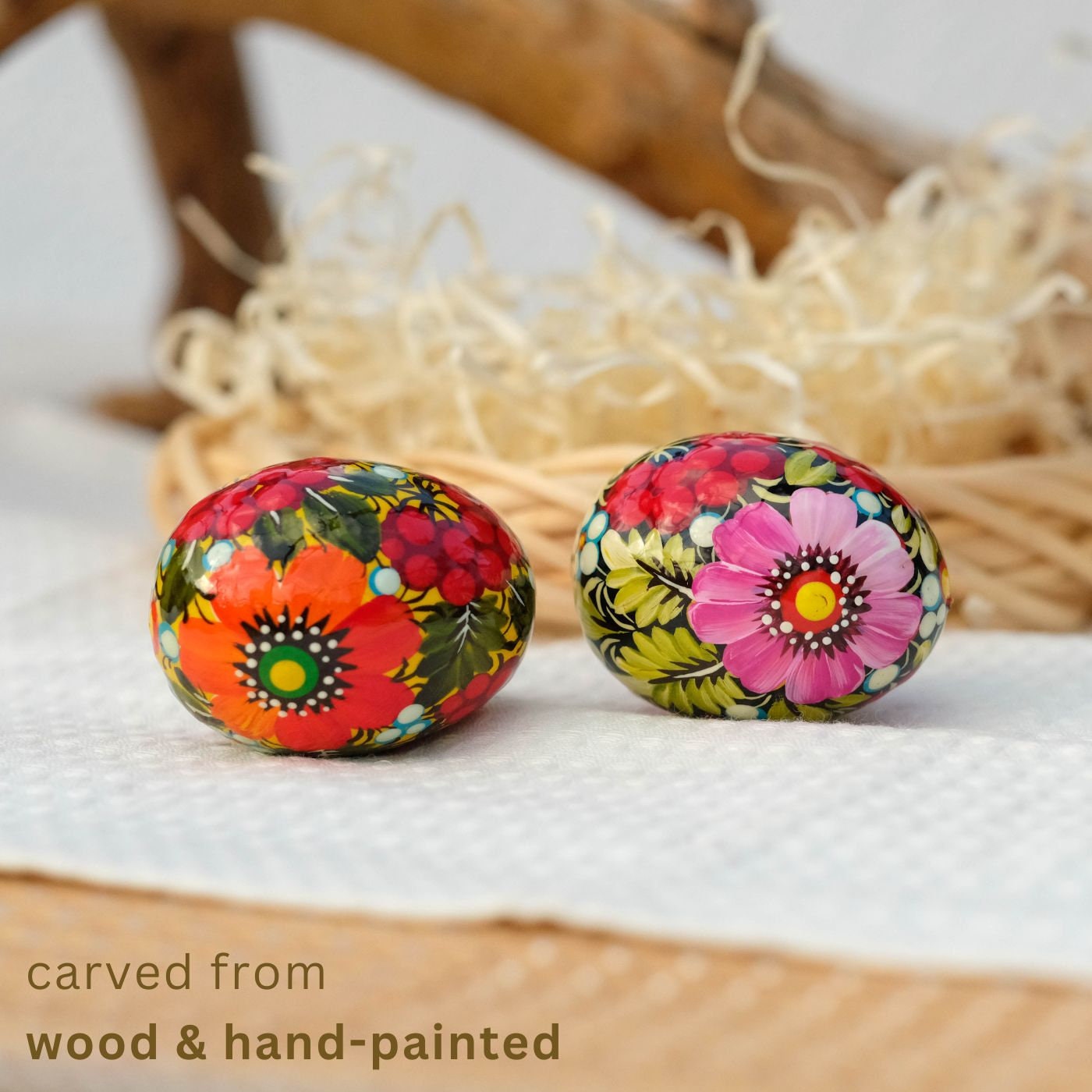 Hand-painted wooden Easter egg, Ukranian pysanky Easter egg ornament, Handmade Petrykivka Easter egg, Orange & pink flower eggs