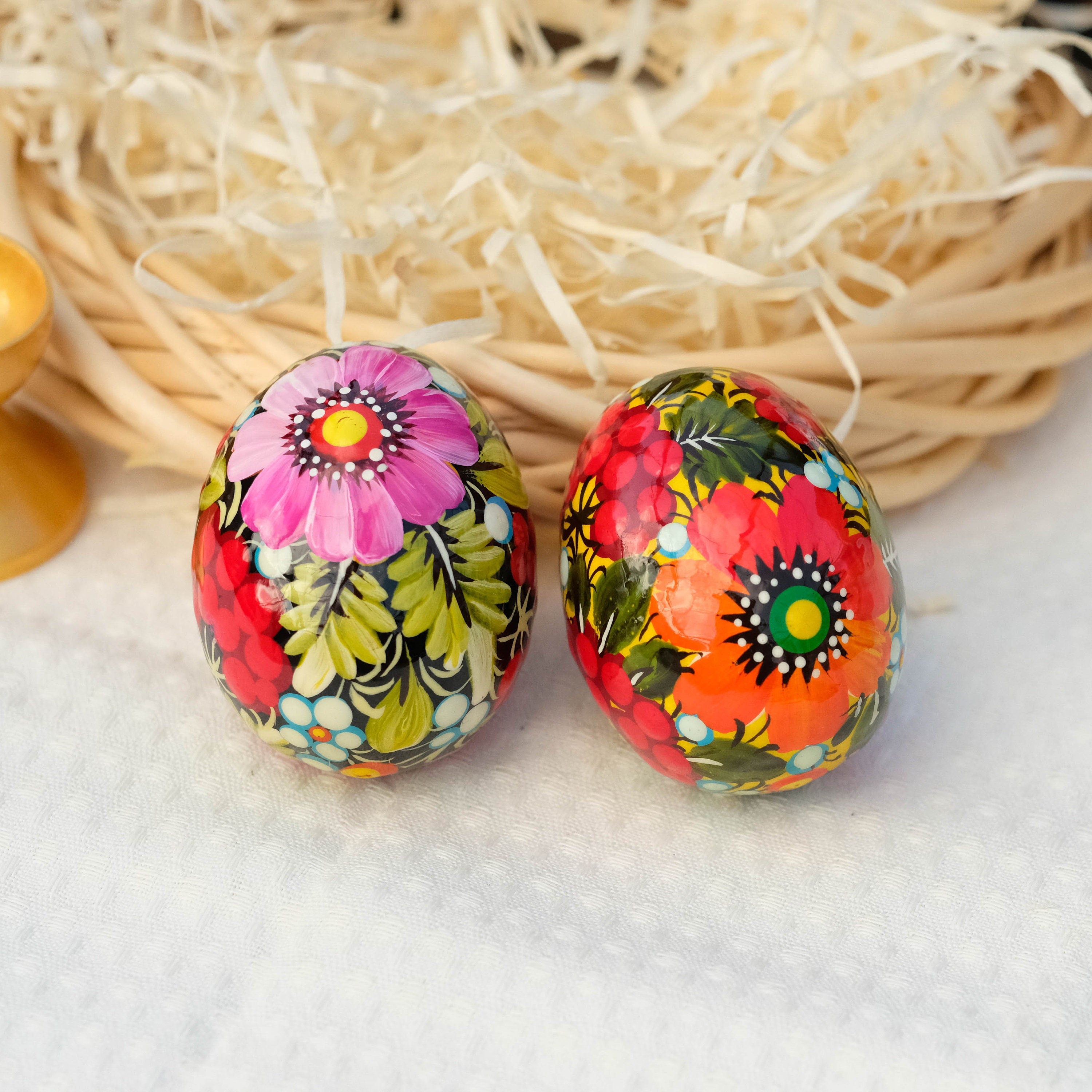 Hand-painted wooden Easter egg, Ukranian pysanky Easter egg ornament, Handmade Petrykivka Easter egg, Orange & pink flower eggs