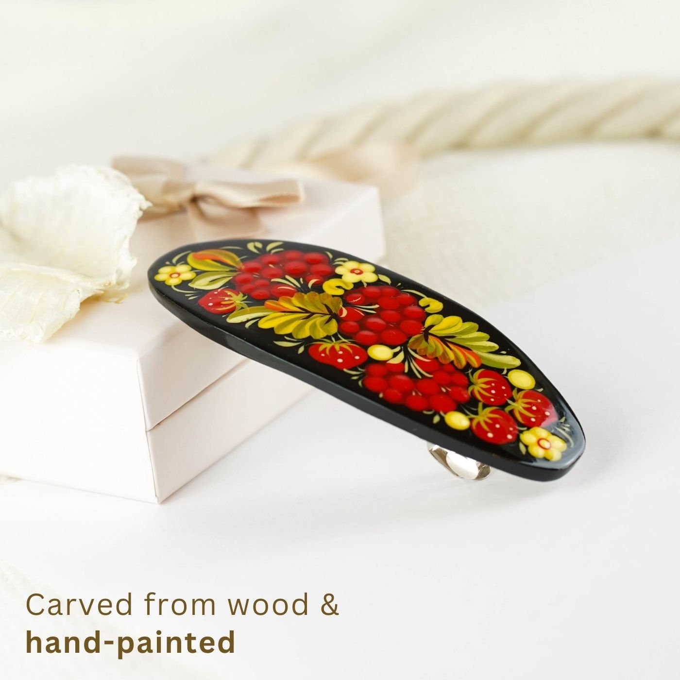 Hand-painted Oval Wooden Hair Barrette - Artisanal Petrykivka Art Red Flower French Hair Clip