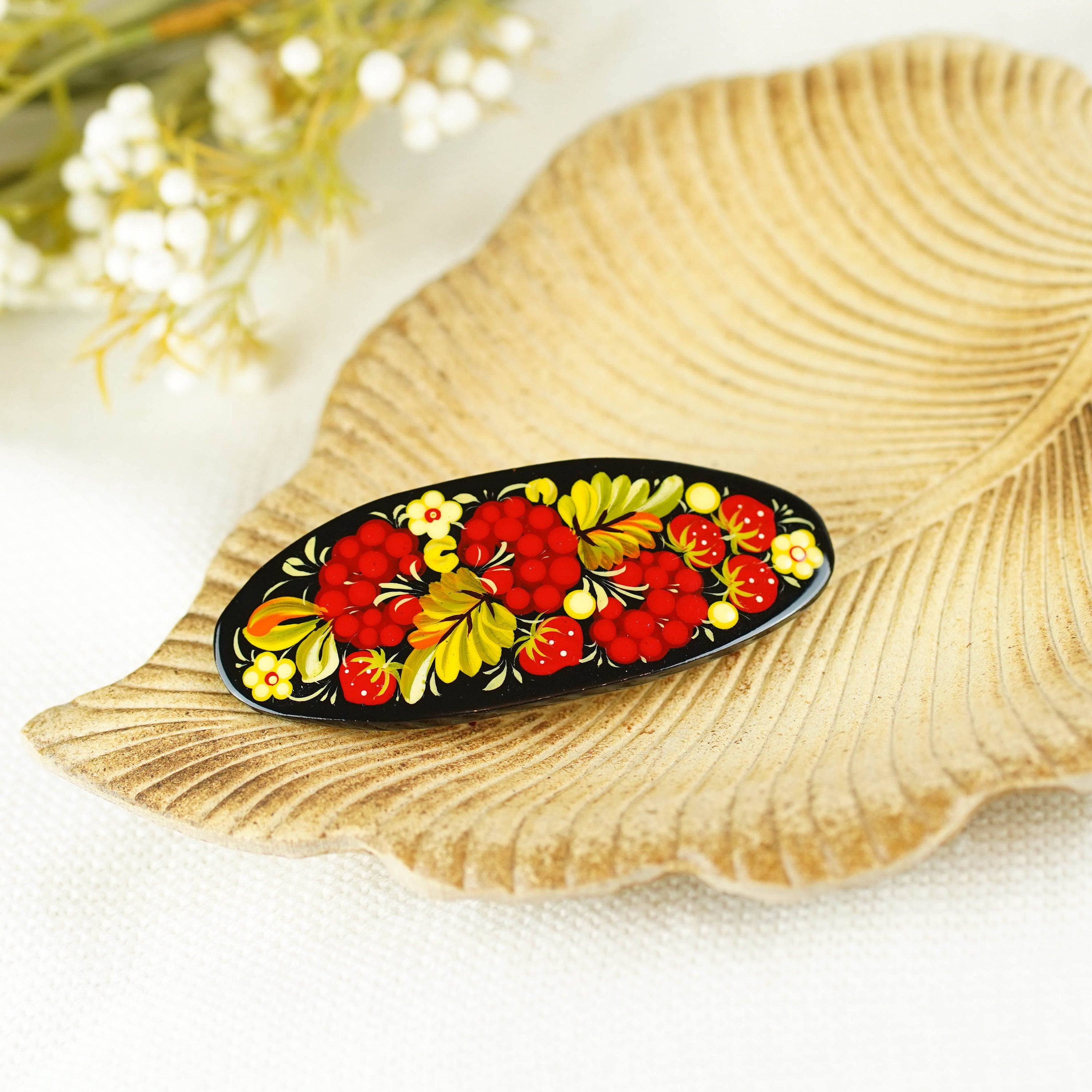 Hand-painted Oval Wooden Hair Barrette - Artisanal Petrykivka Art Red Flower French Hair Clip