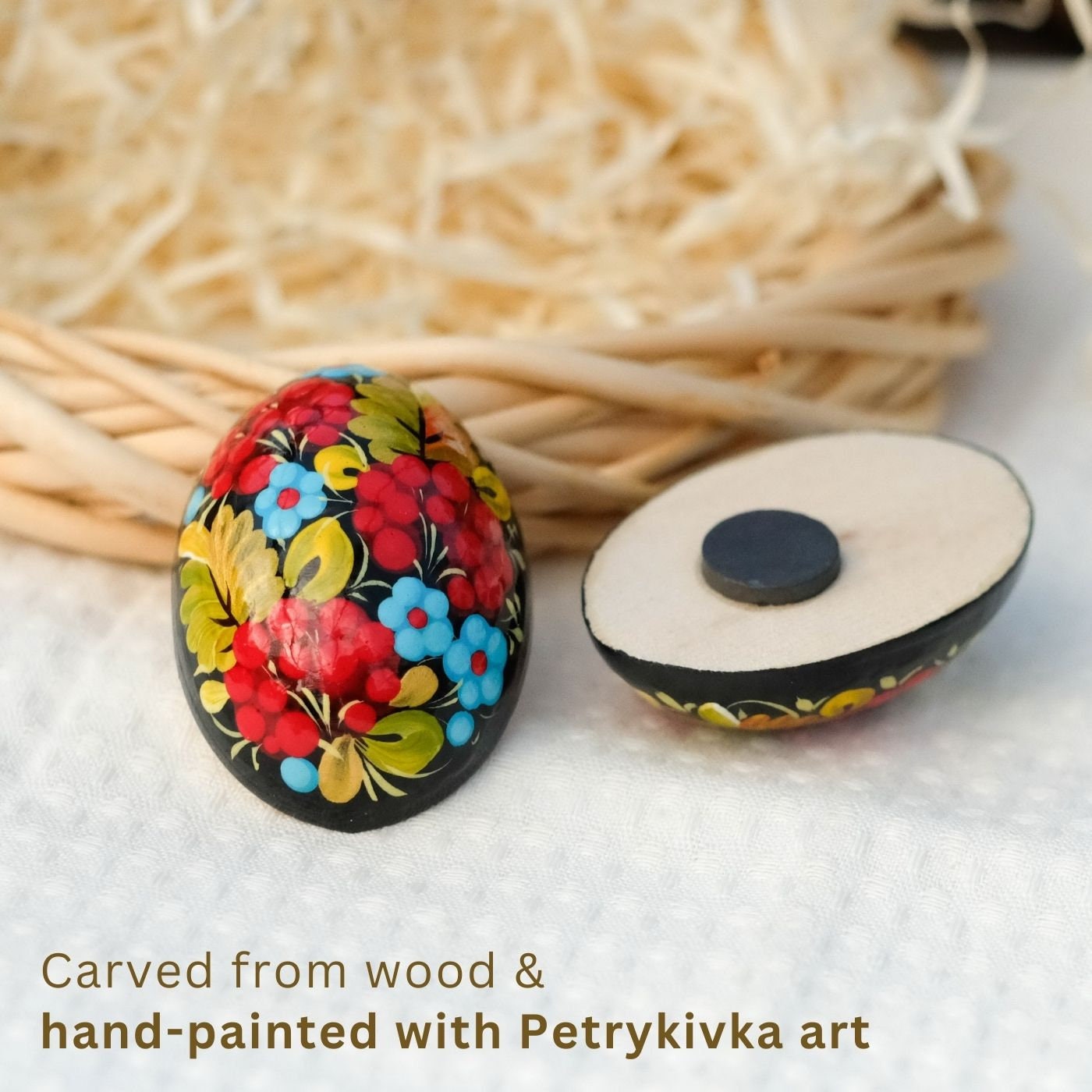 Painted wooden magnet, Egg-shaped Decorative fridge magnet, Hand-painted Ukrainian Petrykivka magnet, Carved Half-egg magnet, Flower magnet