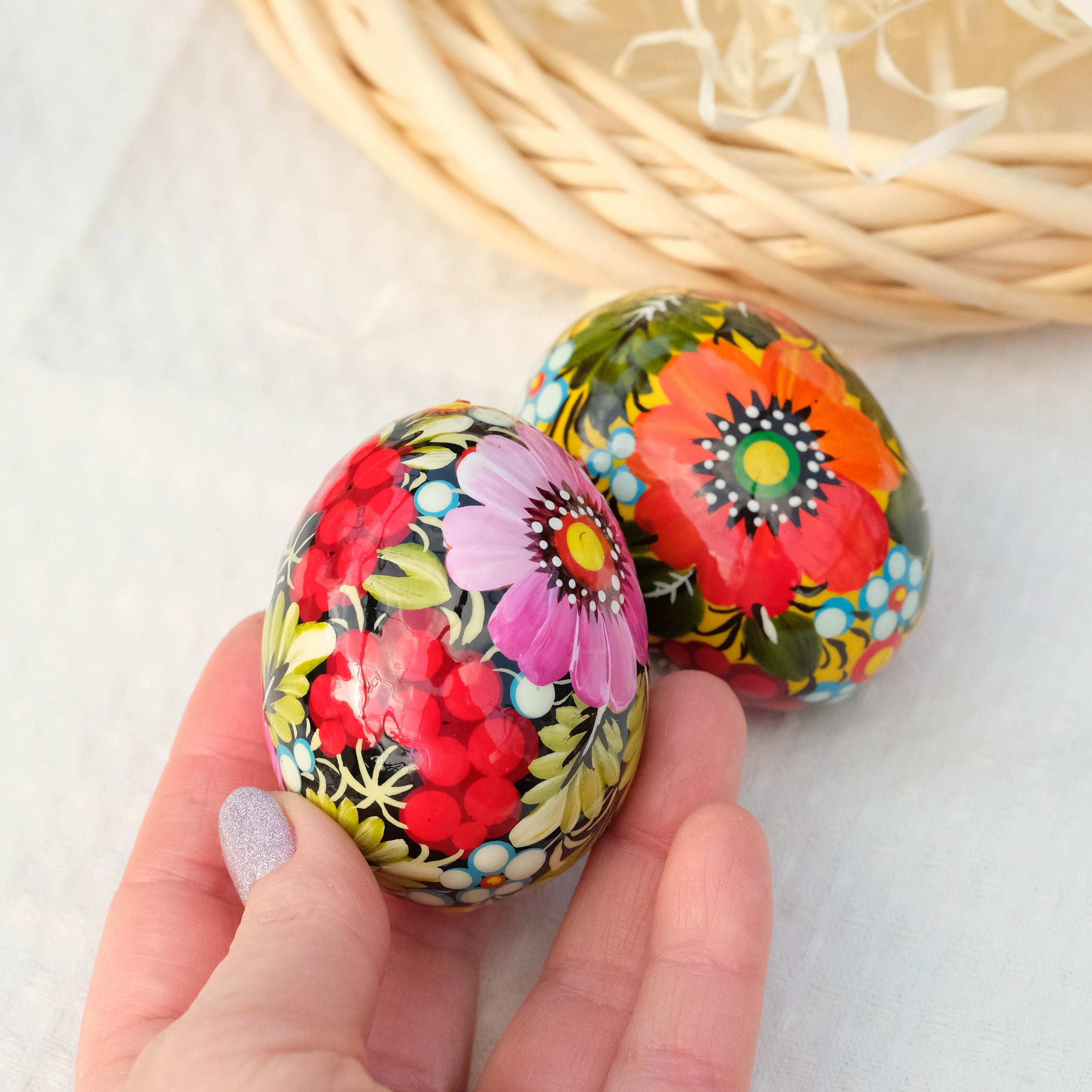 Hand-painted wooden Easter egg, Ukranian pysanky Easter egg ornament, Handmade Petrykivka Easter egg, Orange & pink flower eggs