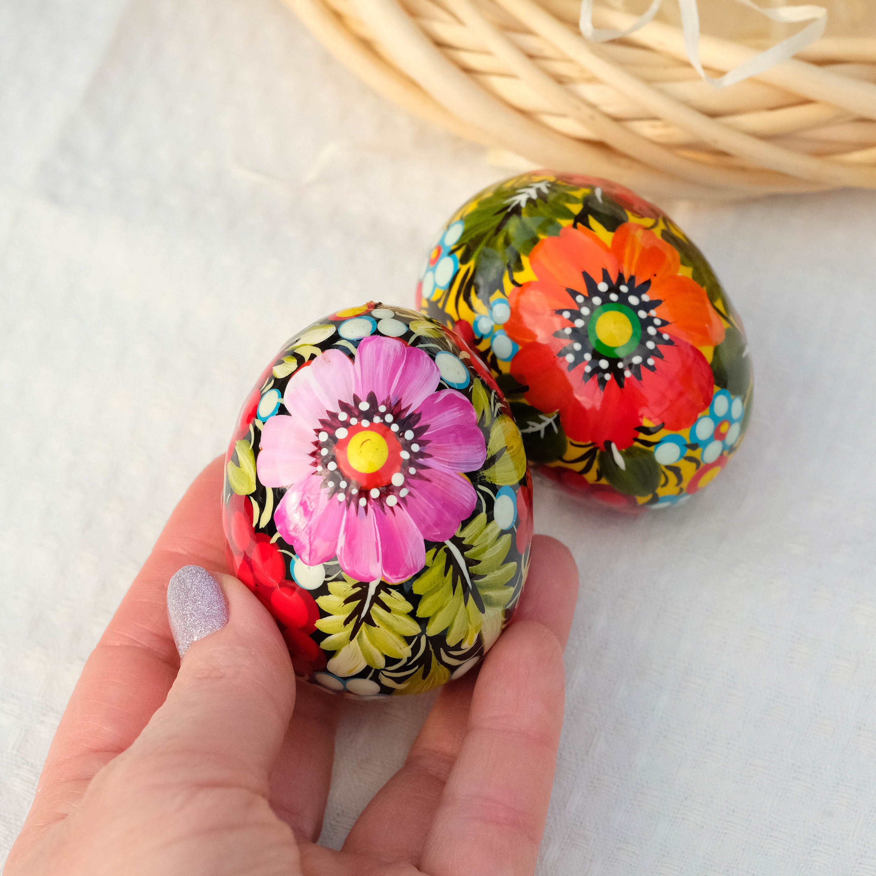 Hand-painted wooden Easter egg, Ukranian pysanky Easter egg ornament, Handmade Petrykivka Easter egg, Orange & pink flower eggs