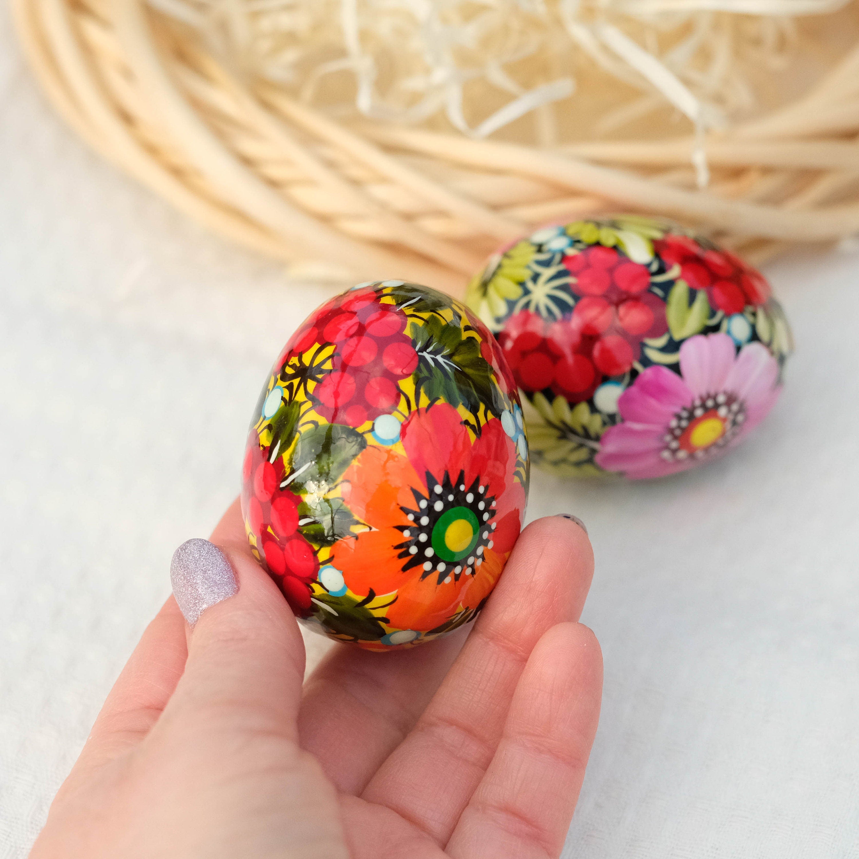 Hand-painted wooden Easter egg, Ukranian pysanky Easter egg ornament, Handmade Petrykivka Easter egg, Orange & pink flower eggs