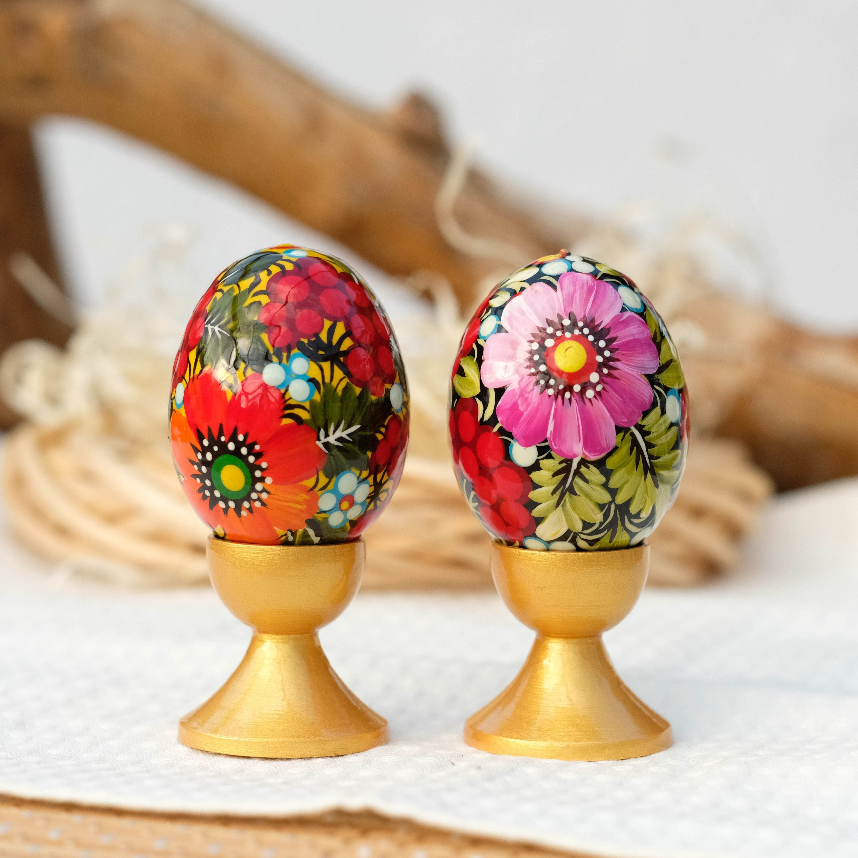 Hand-painted wooden Easter egg, Ukranian pysanky Easter egg ornament, Handmade Petrykivka Easter egg, Orange & pink flower eggs