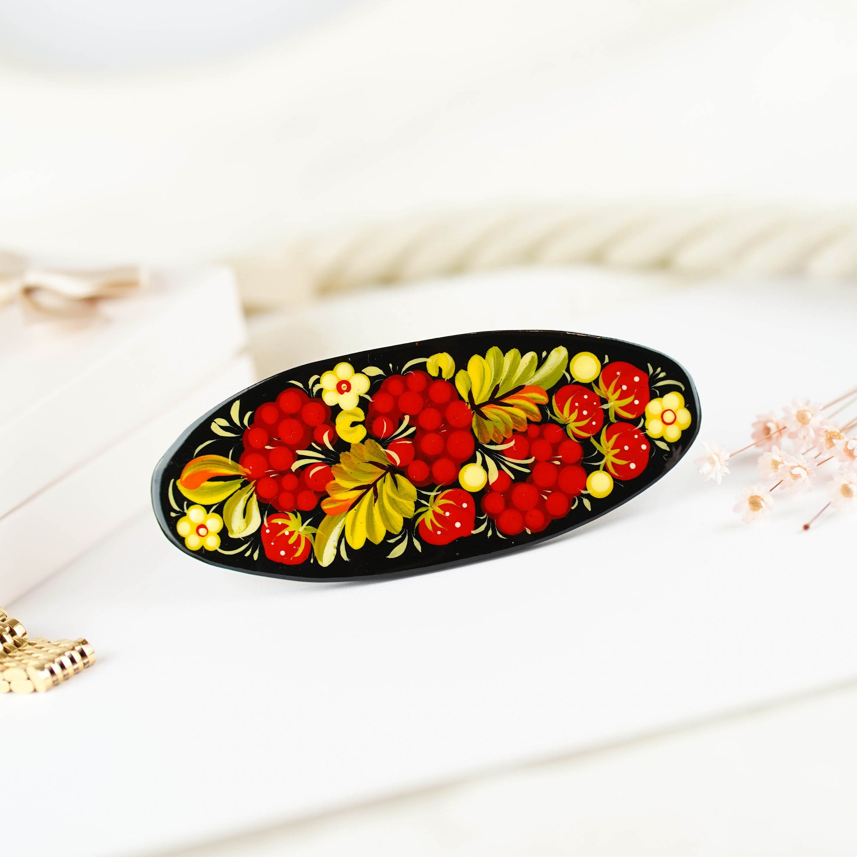 Hand-painted Oval Wooden Hair Barrette - Artisanal Petrykivka Art Red Flower French Hair Clip