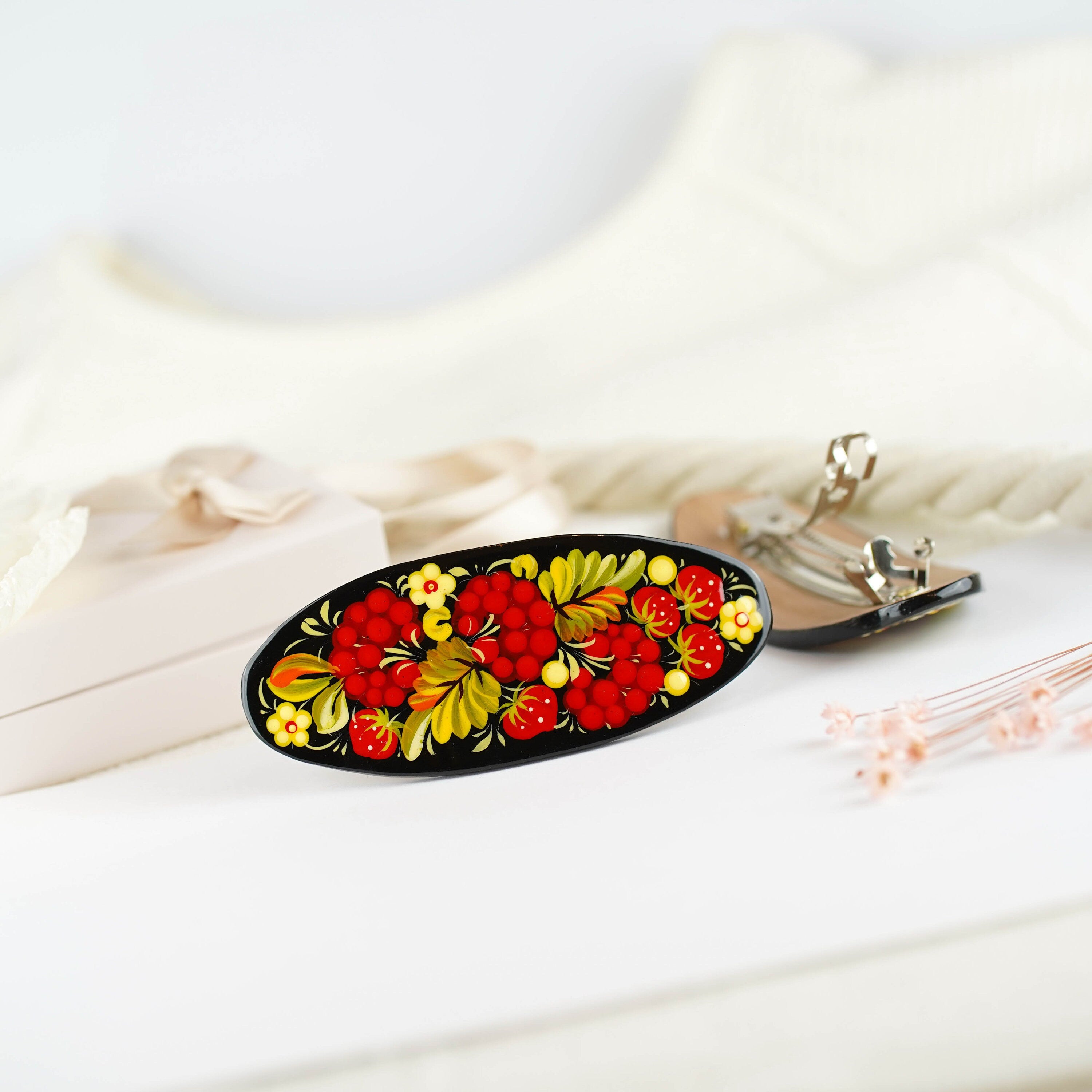 Hand-painted Oval Wooden Hair Barrette - Artisanal Petrykivka Art Red Flower French Hair Clip