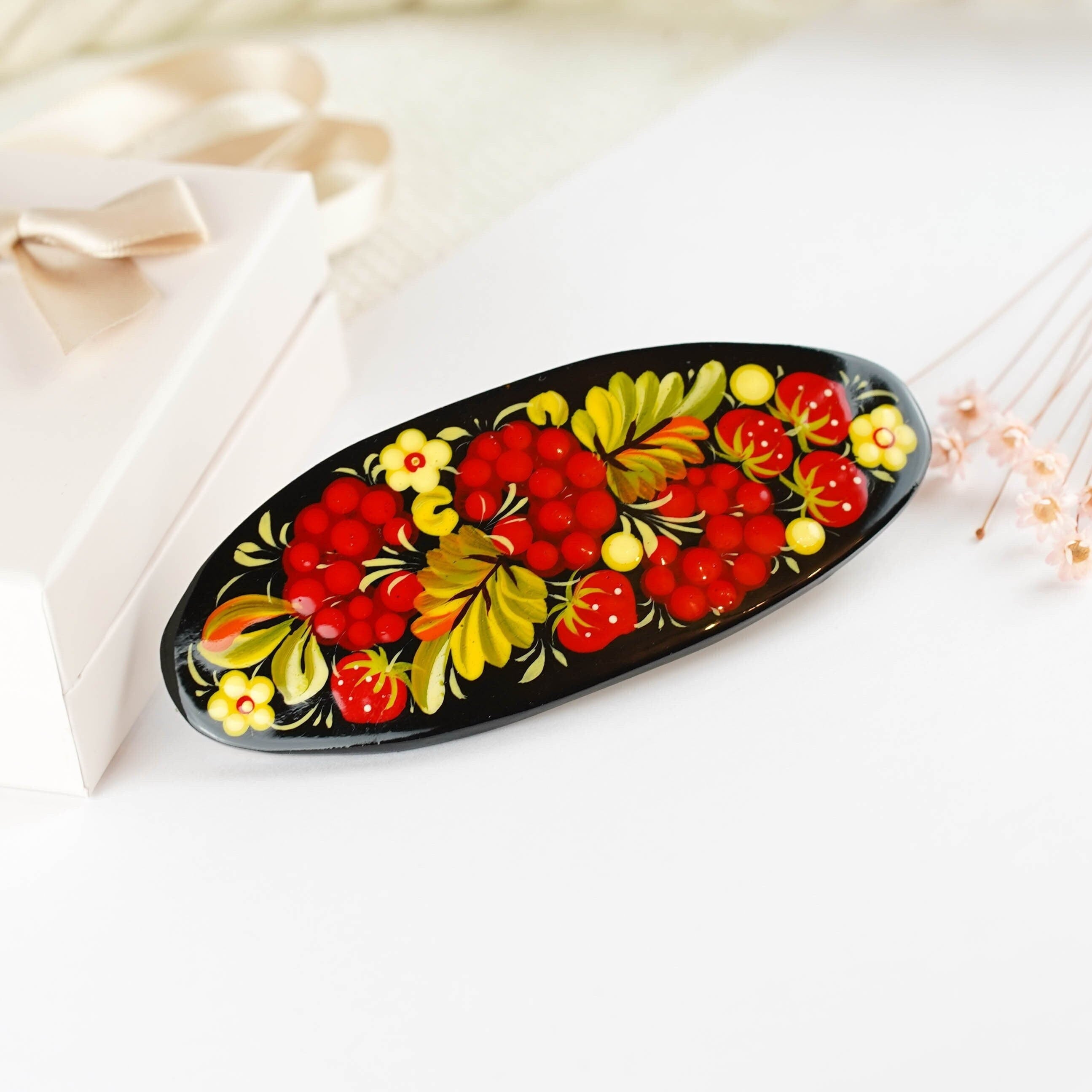 Hand-painted Oval Wooden Hair Barrette - Artisanal Petrykivka Art Red Flower French Hair Clip