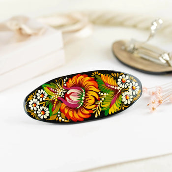 Hand-painted Oval Wooden Hair Barrette - Artisanal Petrykivka Art Oran