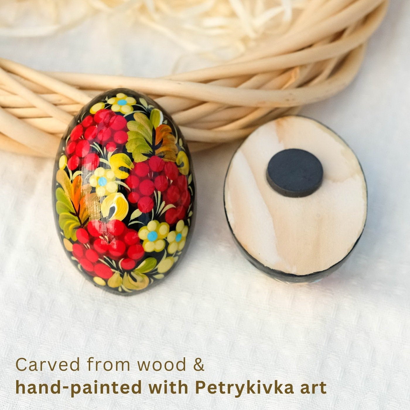 Painted wooden magnet, Egg-shaped Decorative fridge magnet, Hand-painted Ukrainian Petrykivka magnet, Carved Half-egg magnet