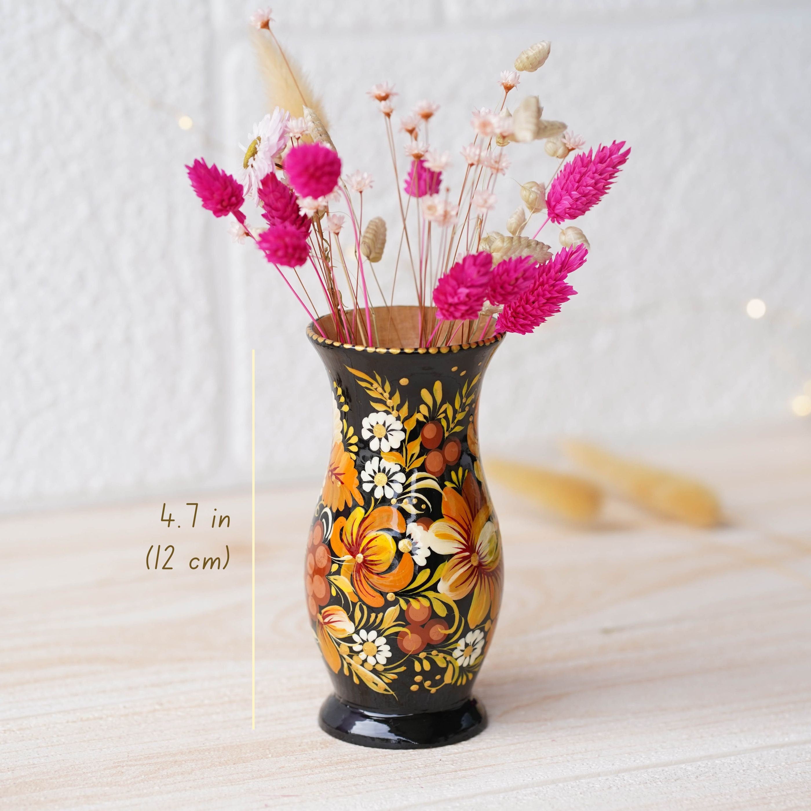 Hand-painted Wooden Vase 4.7 in - Personalized Vase, Beige Flower Ukrainian Folk Art Petrykivka Vase, Small Vase for Dried Flowers