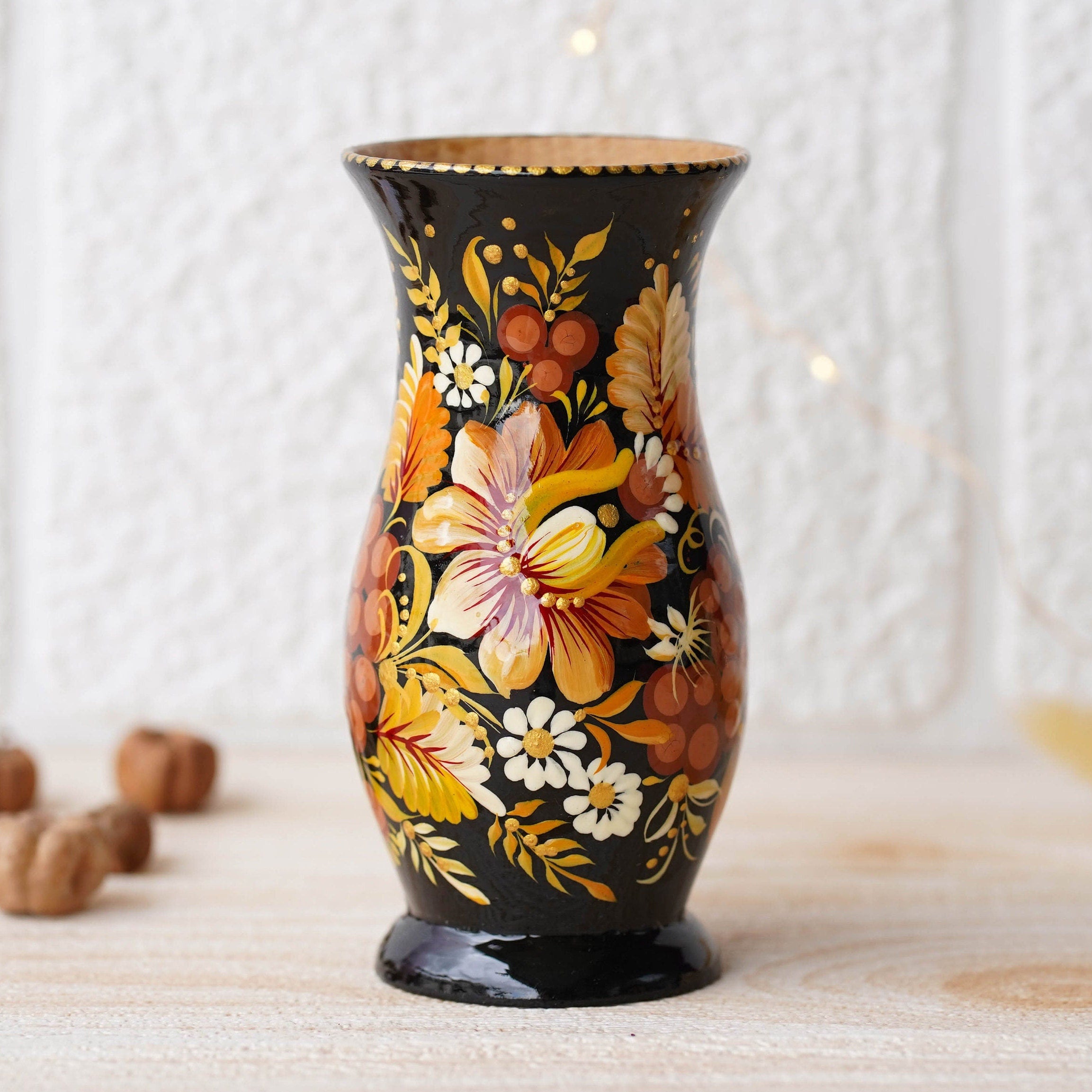 Hand-painted Wooden Vase 4.7 in - Personalized Vase, Beige Flower Ukrainian Folk Art Petrykivka Vase, Small Vase for Dried Flowers