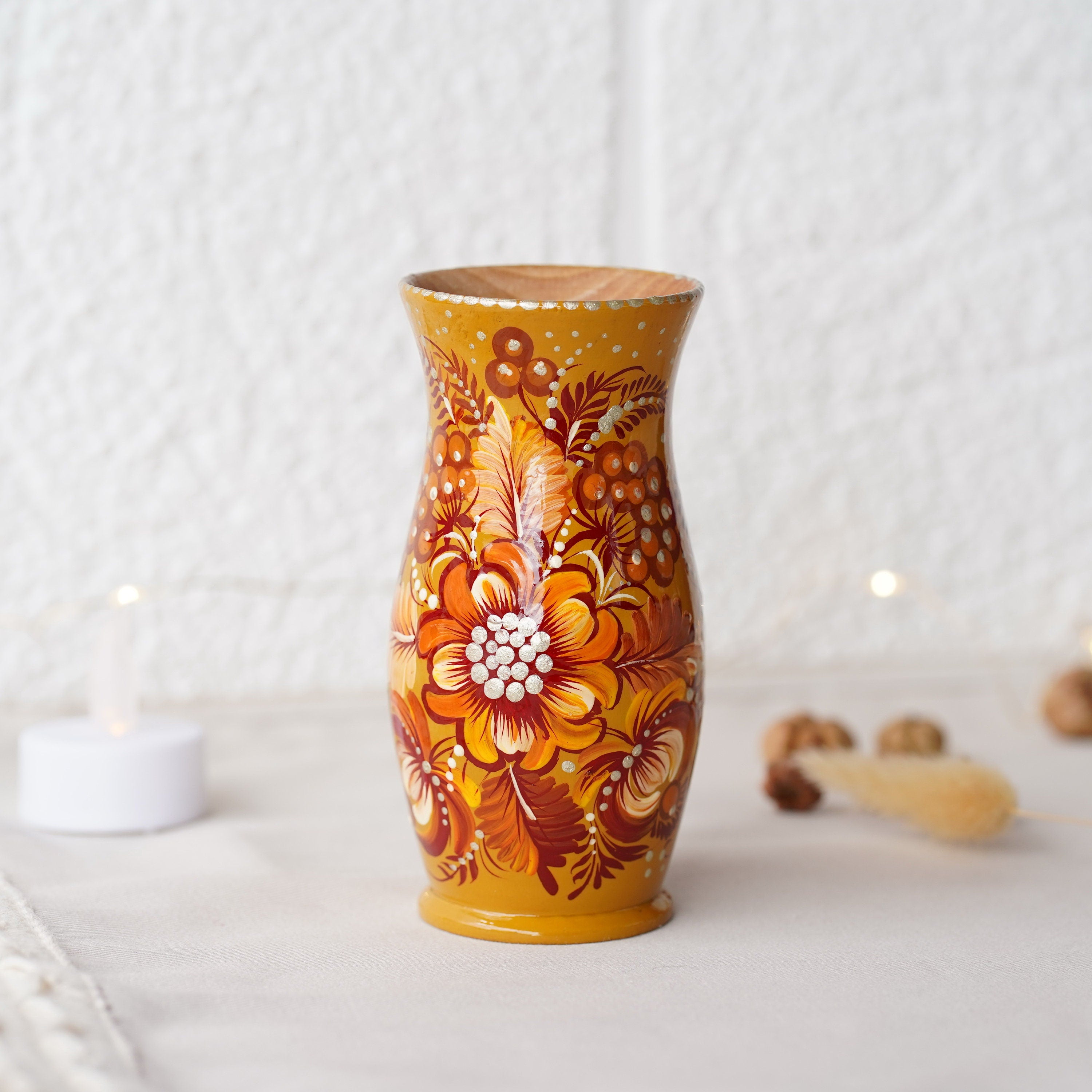 Personalized painted wooden vase 4.7 in - Beige flower Ukrainian folk art Petrykivka vase, Small vase for dried flowers, Handmade wood vase