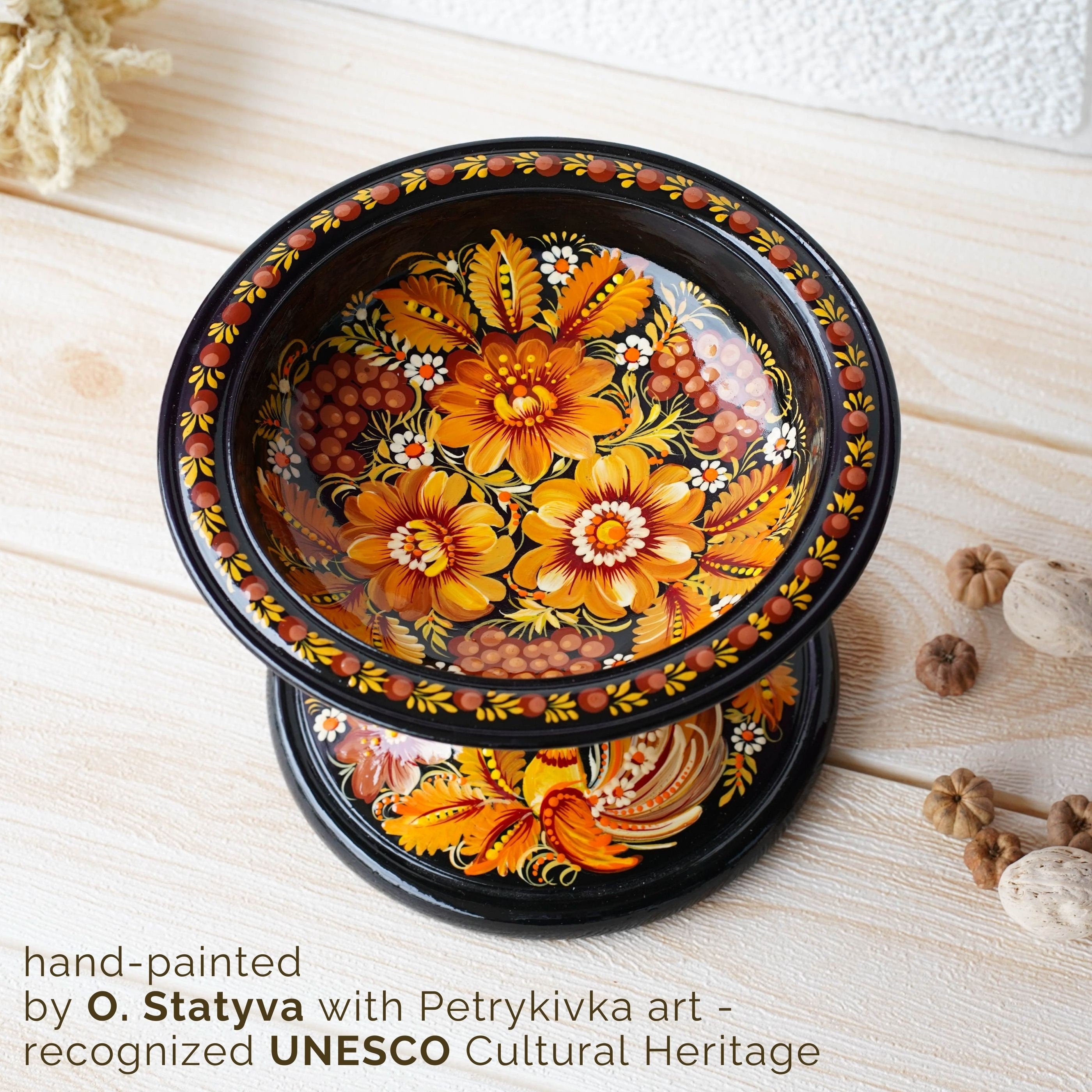 Hand-Painted Wooden Pedestal Bowl, Fairy Bird Petrykivka Bowl, Multifunctional Ukrainian Decorative Bowl for Candies, Keys, Jewelry, Décor