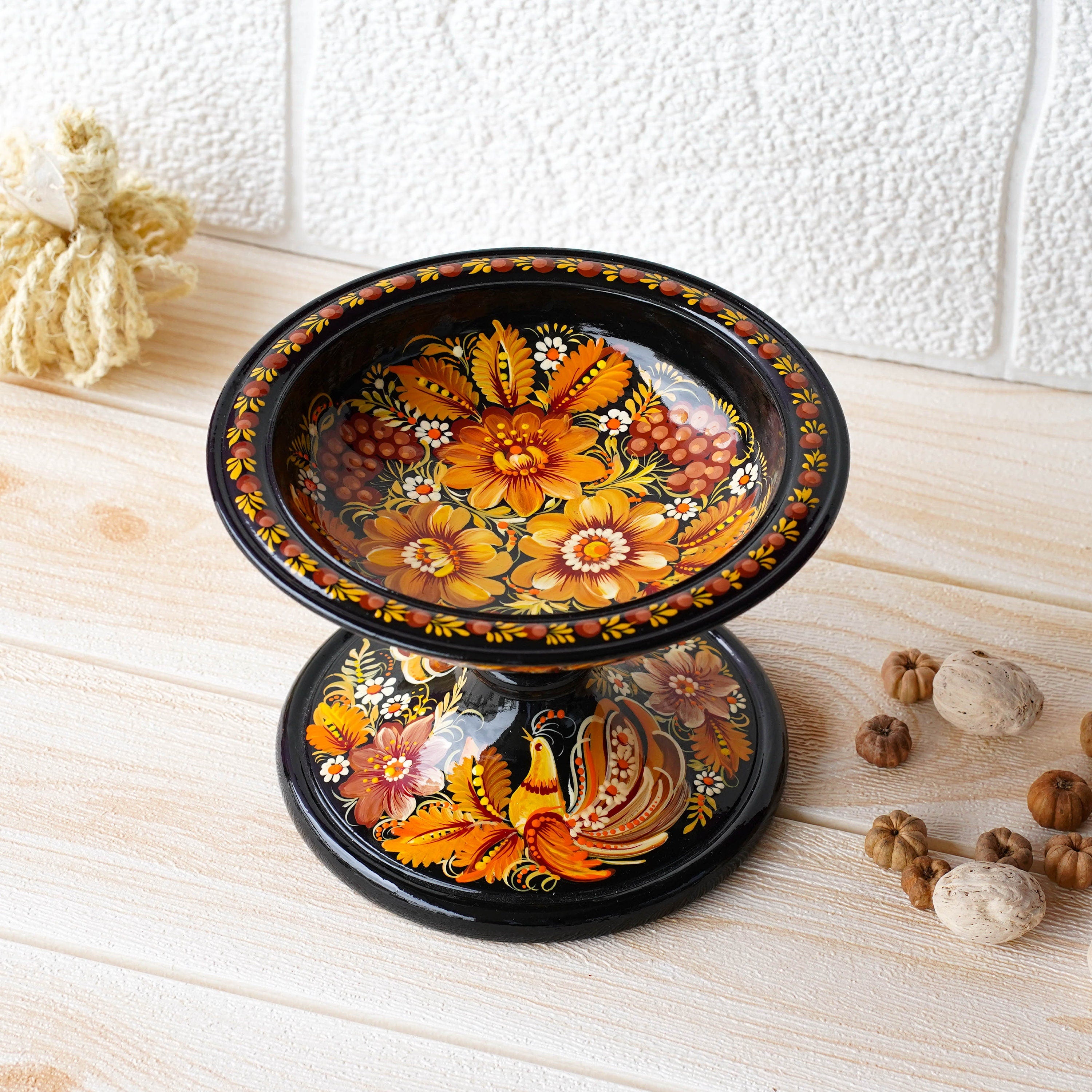 Hand-Painted Wooden Pedestal Bowl, Fairy Bird Petrykivka Bowl, Multifunctional Ukrainian Decorative Bowl for Candies, Keys, Jewelry, Décor